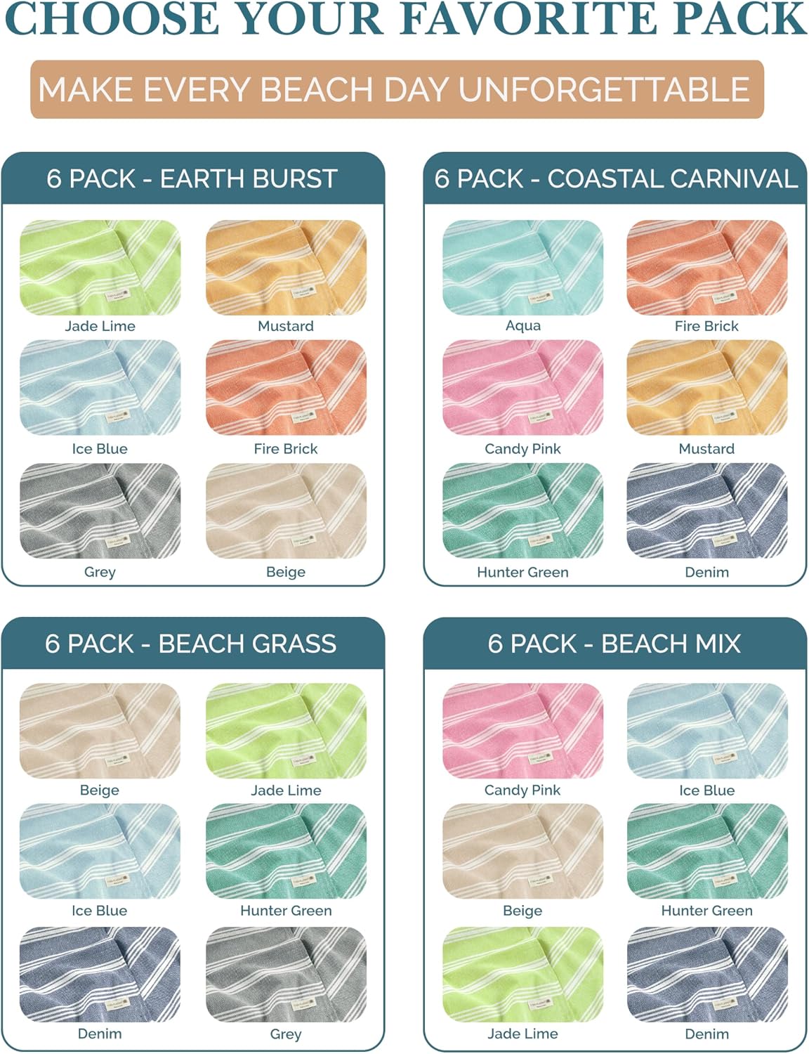 Casa Platino Turkish Beach Towels Set of 6, Sand Free 39"x71" - Beach Mix | Lightweight & Packable Beach Towels - for
