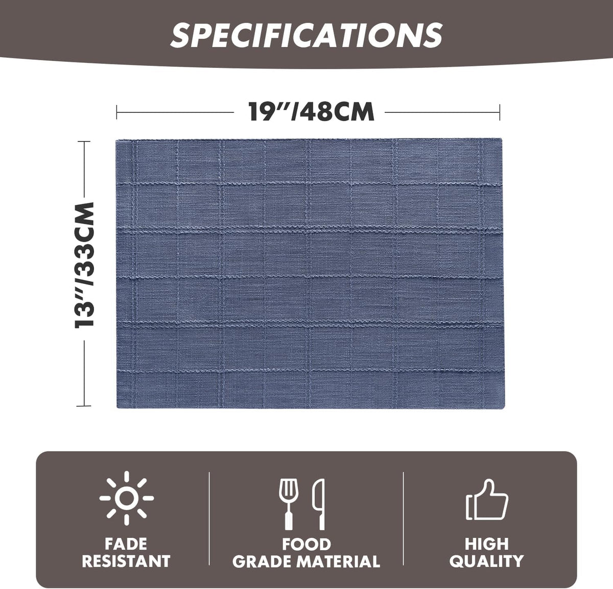 Linen Checked Farmhouse Placemats Set of 6, Blue 13x19in | Double Layer, Reversible, Thick Textured Table Mats, Raised