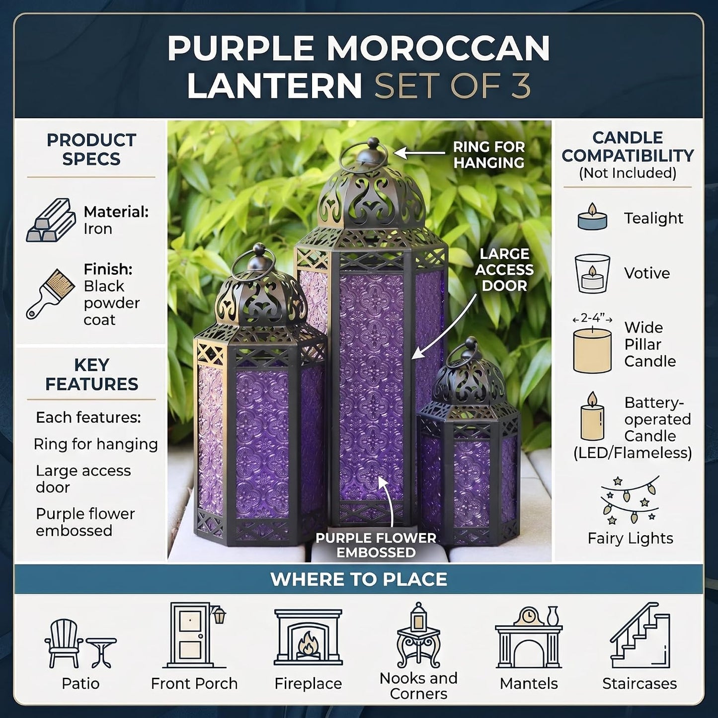 VELA LANTERNS Set of 3 Purple Glass & Black Metal Moroccan Candle Lantern Holders (XL, Large, Small) - Decorative