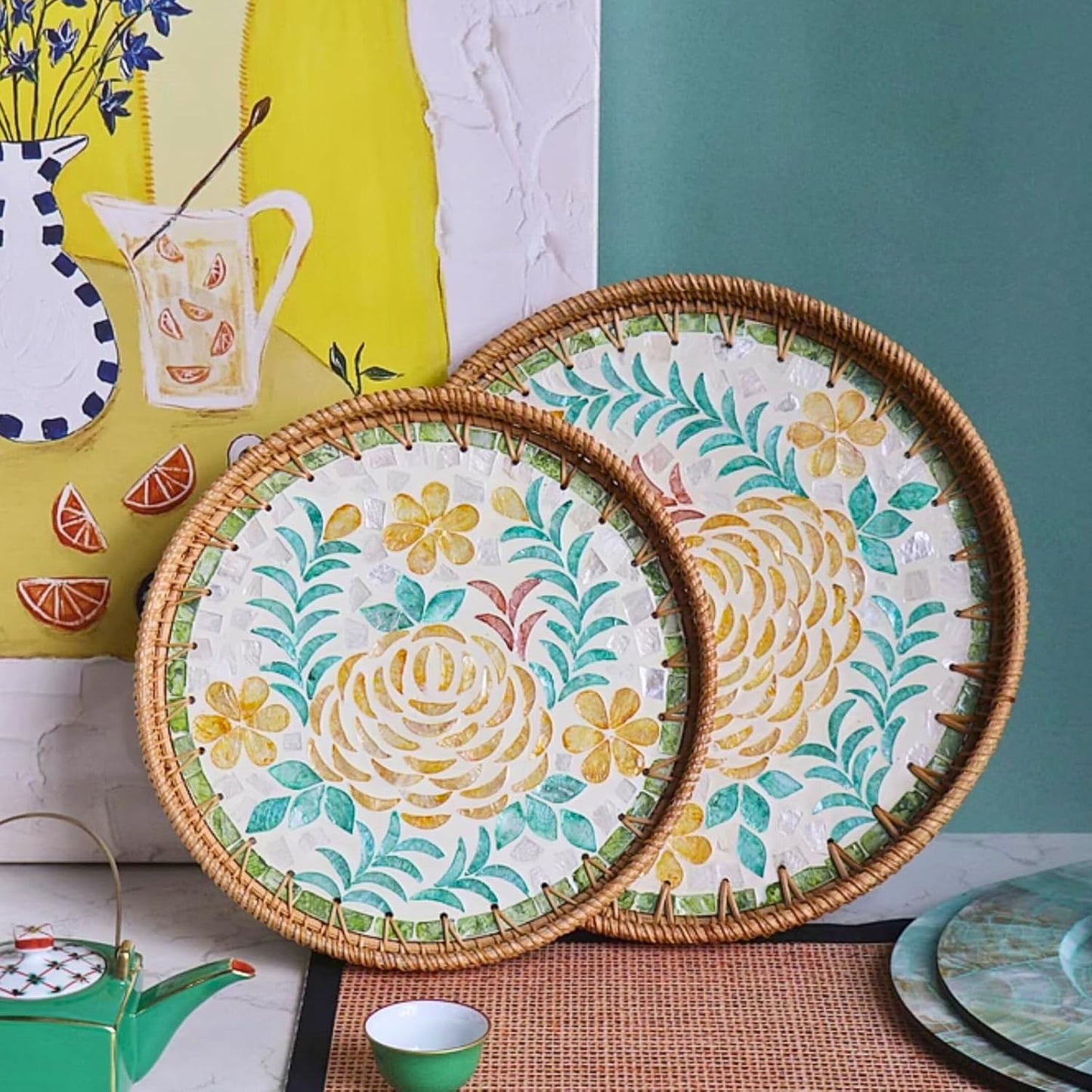 14" Large Rattan Serving Tray / Peony Flower / Set of 14