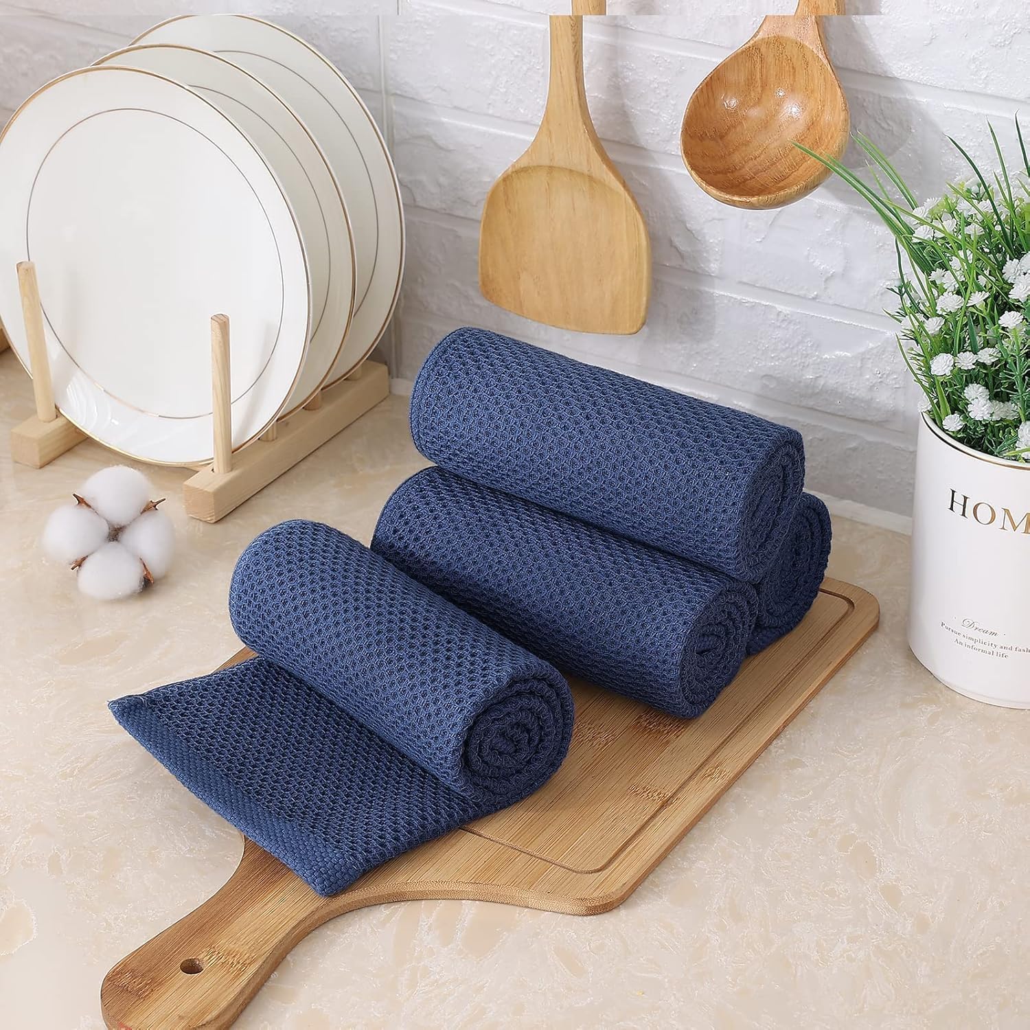 Kitinjoy 100% Cotton Waffle 12-Pack Kitchen Towels, 13" x 28", Navy Blue | Super Soft, Ultra-Absorbent, Fast Drying