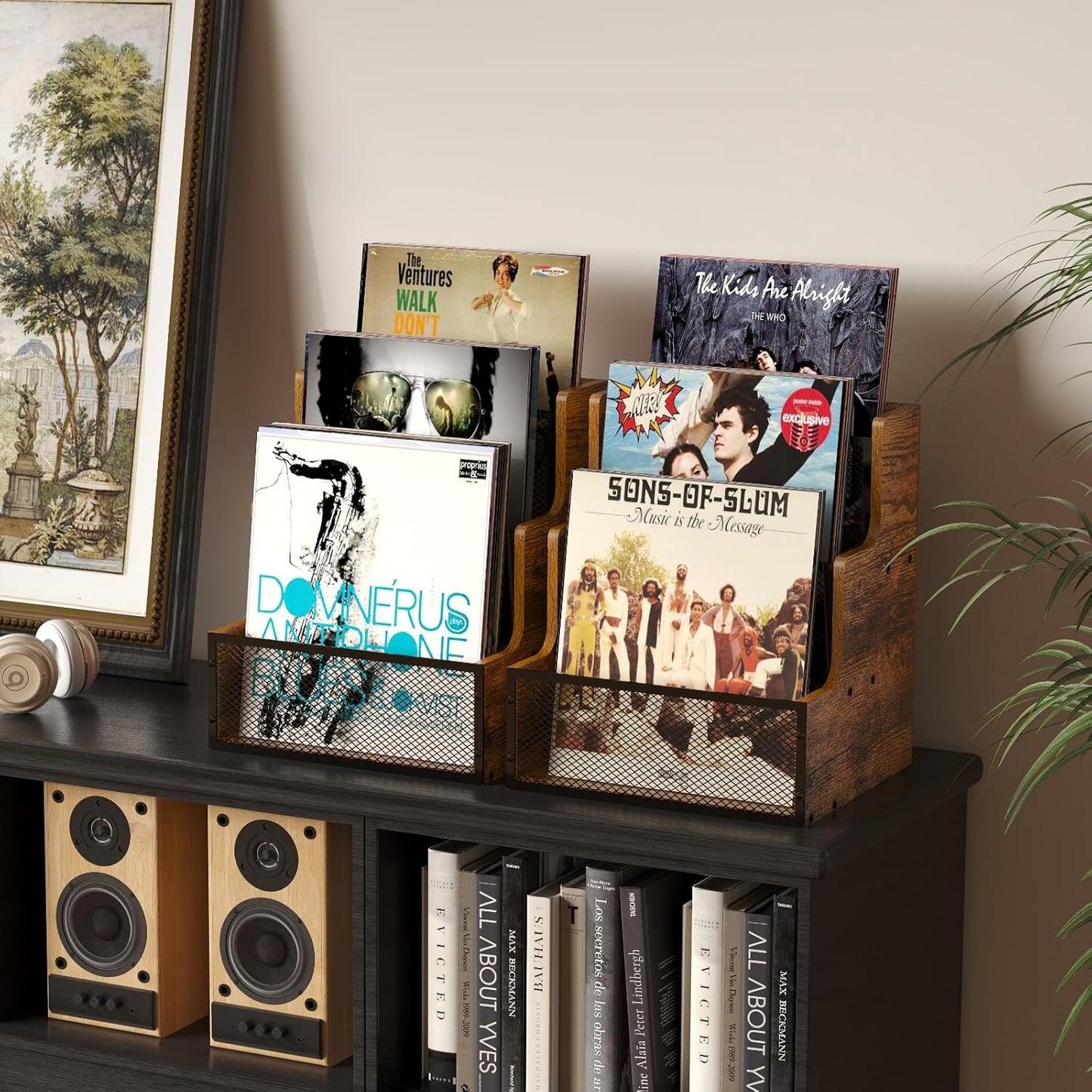 3-Tier Vinyl Record Storage Crate, Holds 60+ LP Albums, Retro Wood & Metal | Stepped Vinyl Record Holder, Desktop Album