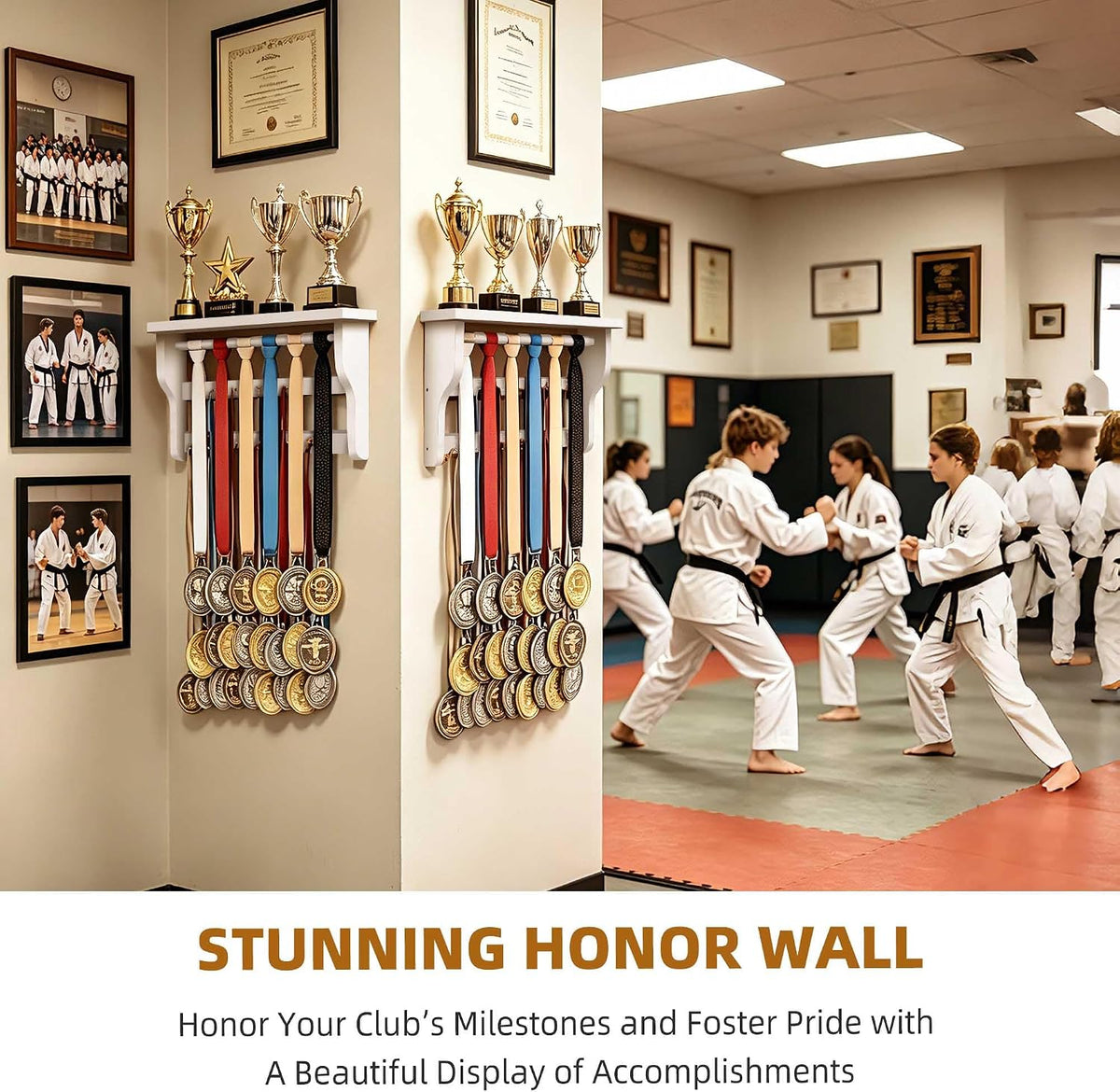 Medal Hanger Display, Large Capacity Trophy and Medal Display Shelf | Natural Solid Wood, Anti-Slip Groove, Widening