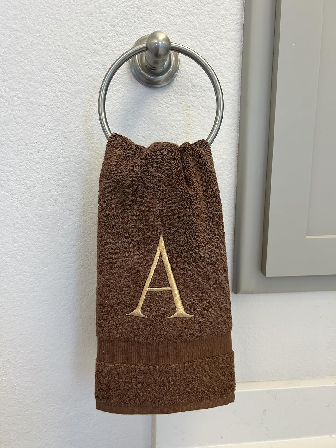 Brown with Beige Monogrammed Hand Towels for Bathroom - Set of 2 Letter T | Luxury Hotel Quality Initial Towels For