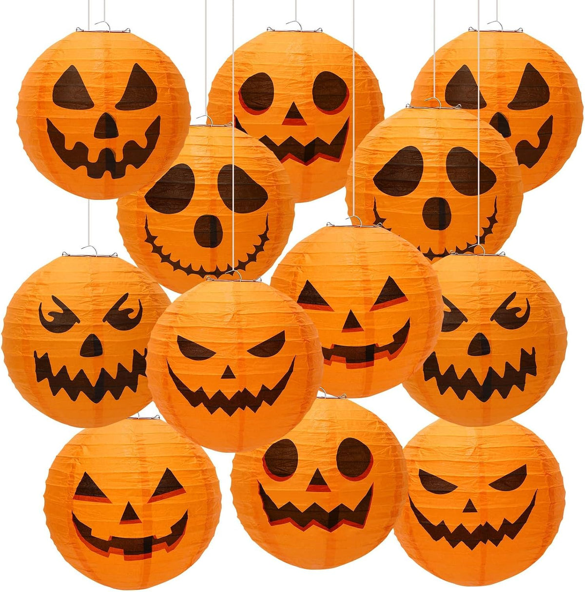 DECYOOL 12PCS Halloween Pumpkin Paper Lanterns, Hanging Jack O Lantern Set