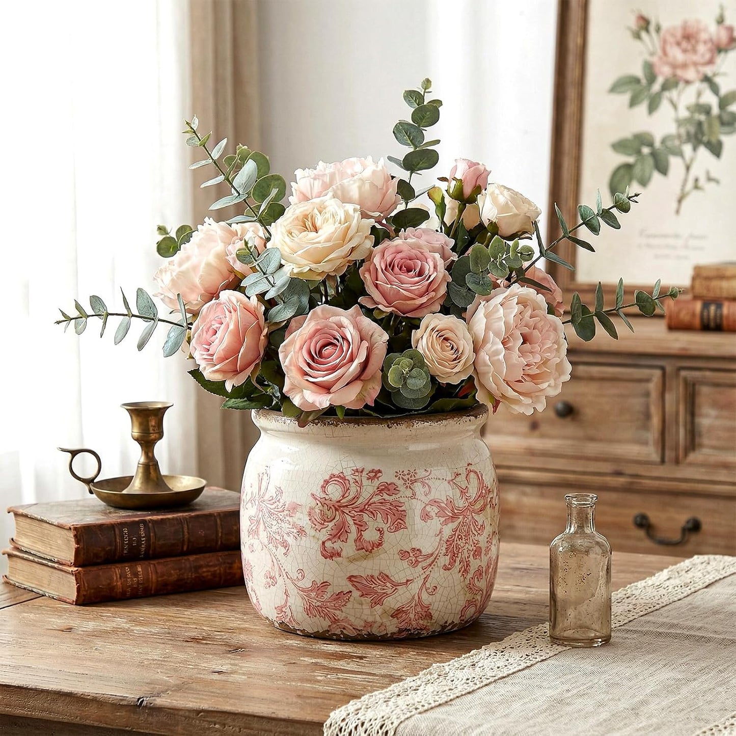 Vintage Planter Large Ceramic Plants Pot Ice Crack Cottage Scroll Vase Flower / Floral Scroll / Pink