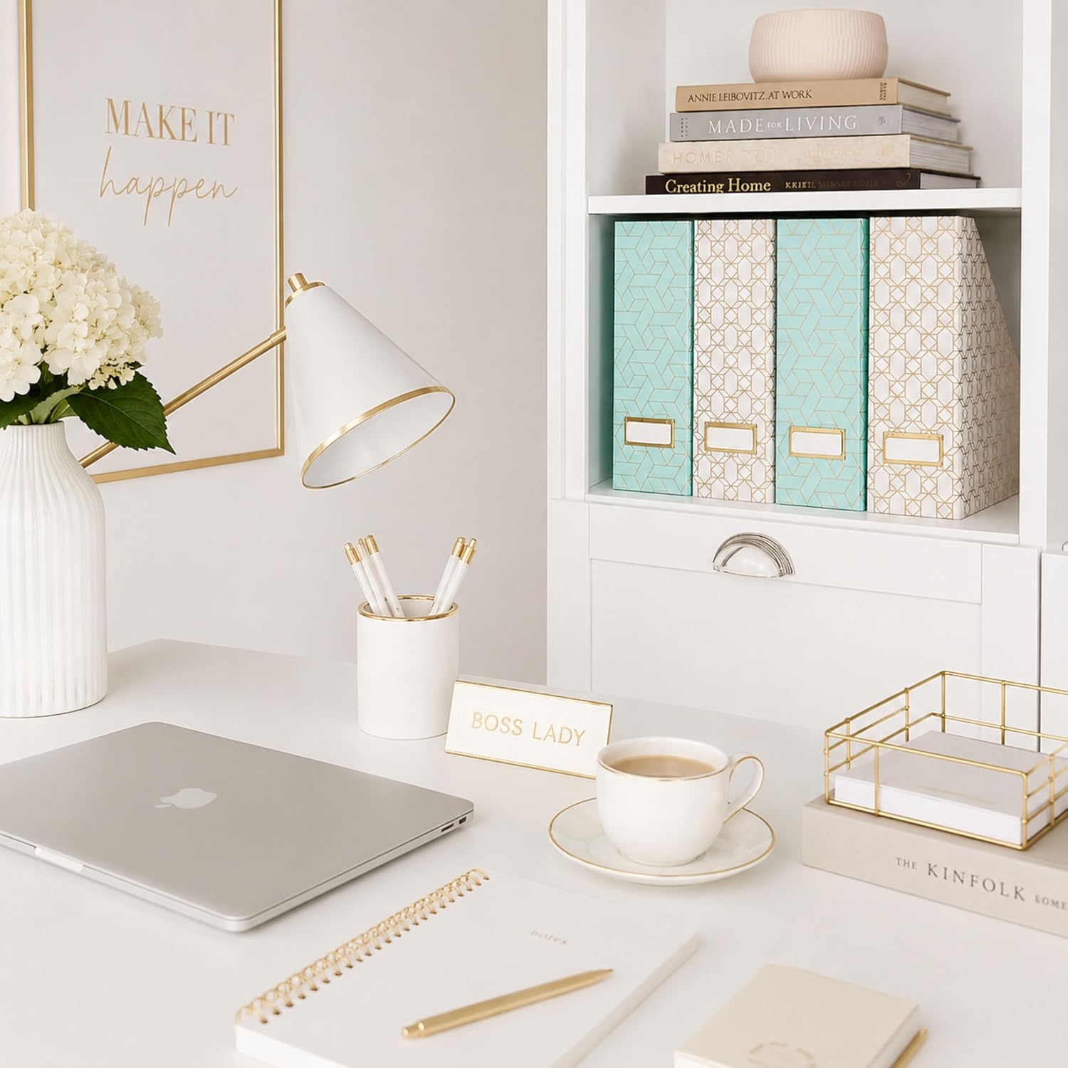 BLU MONACO | Set of 4 Foldable Pink & Aqua Magazine File Holders with Gold Geometric Patterns | Vertical File Organizer