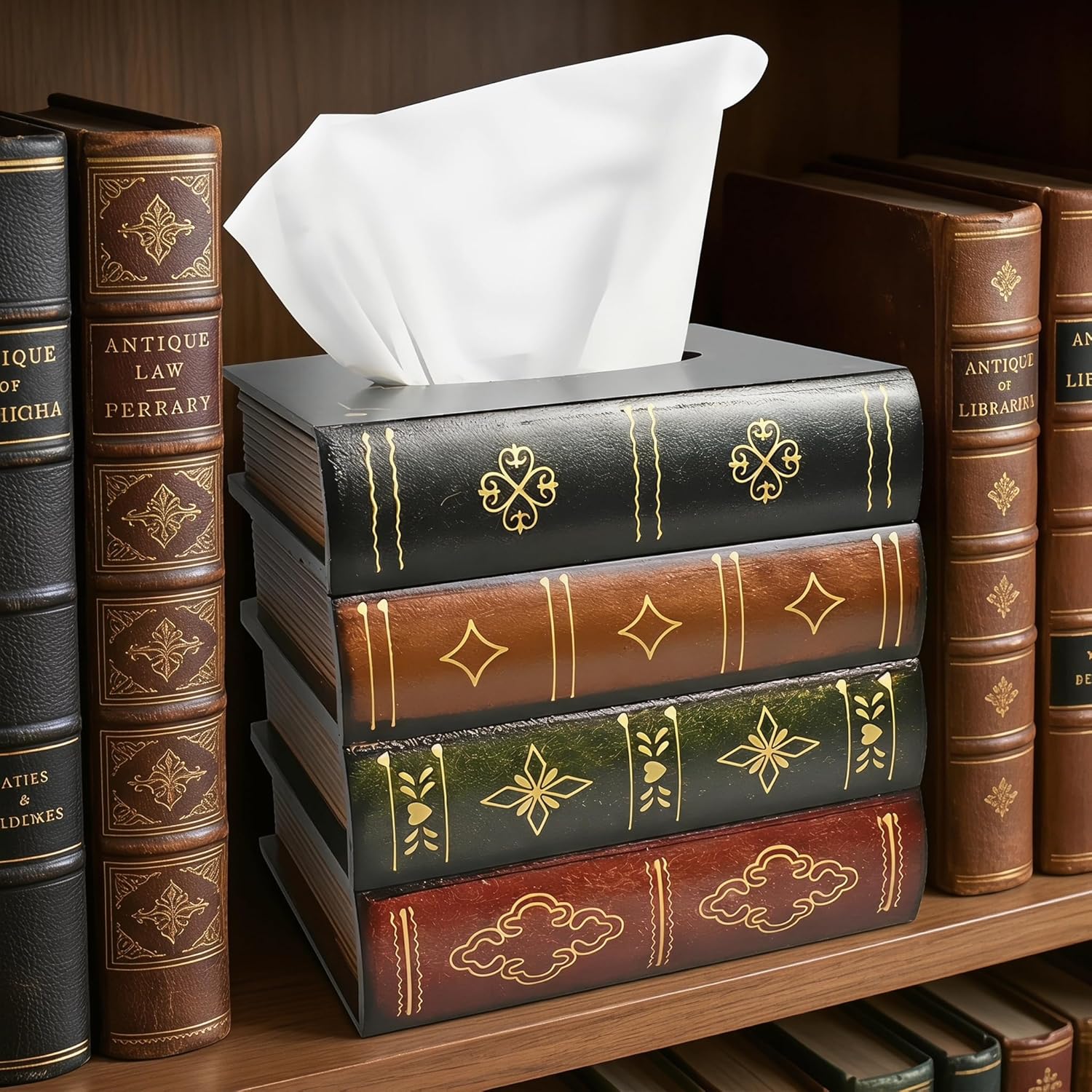 Hand-Made Retro Wooden Antique Book Tissue Box Cover Square Tissue Holder Dispenser Paper / Coffce