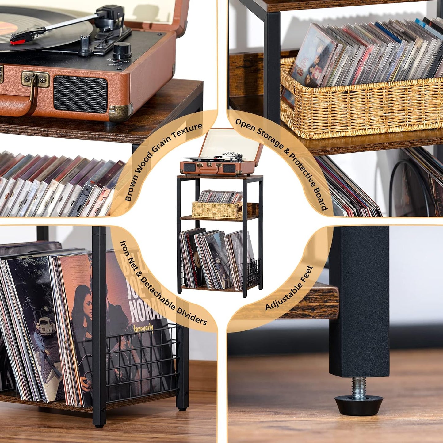 3 Tier End Table,Record Player Stand with Storage Up to 100 Albums,Turntable Stand for Vinyl,Brown Records Shelf for