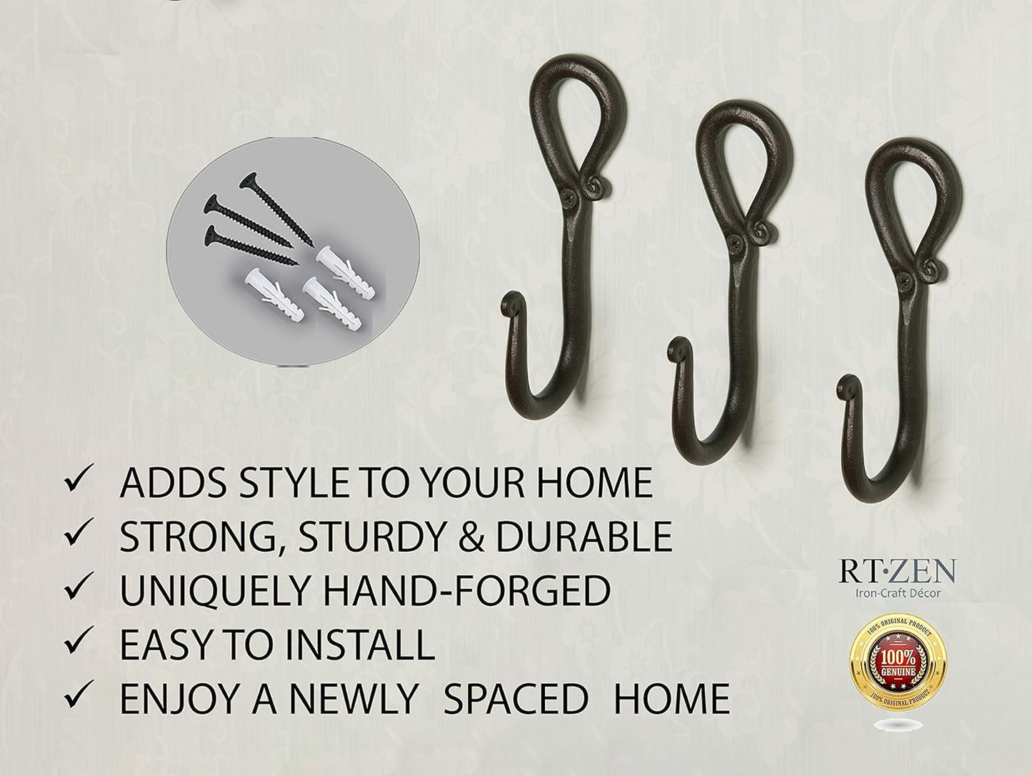Wrought Iron Decorative Rustic Metal Coat Hooks for Hanging / Hook Loop