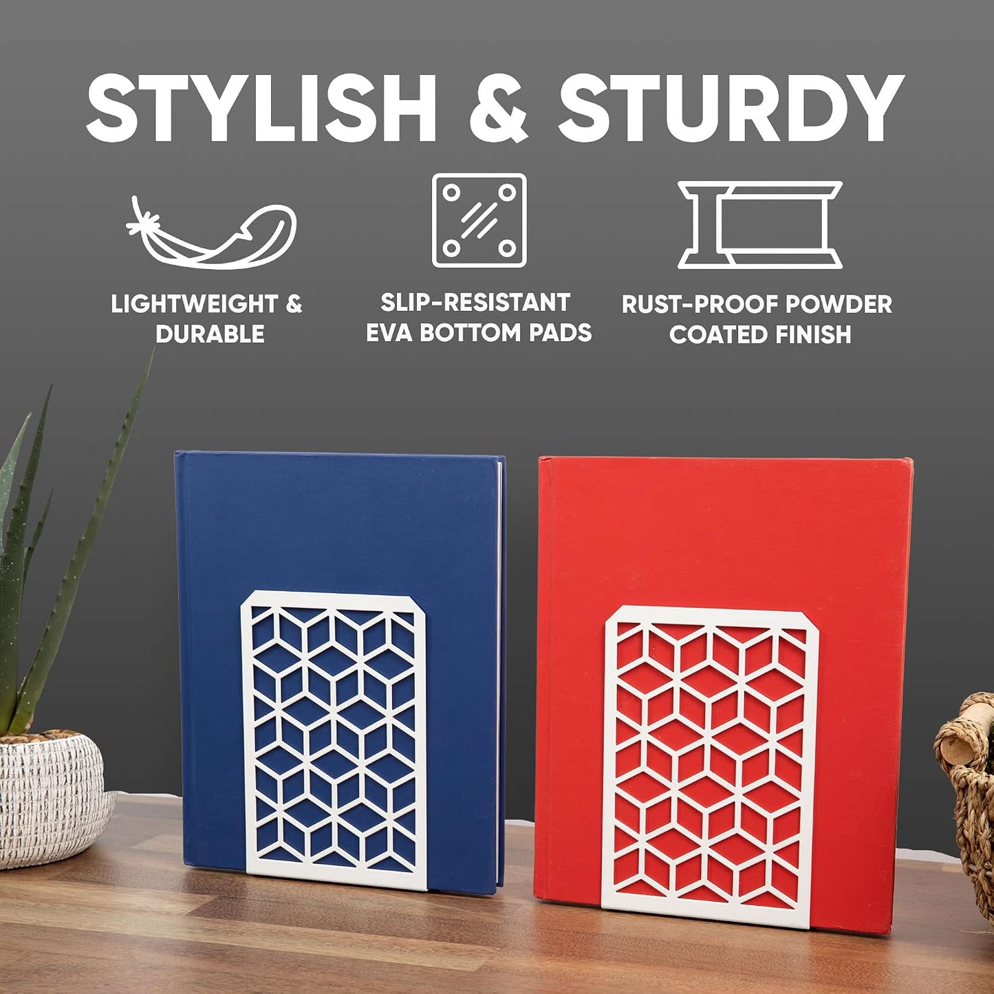 Sturdy Boho Book Stops / White / 2 Pairs