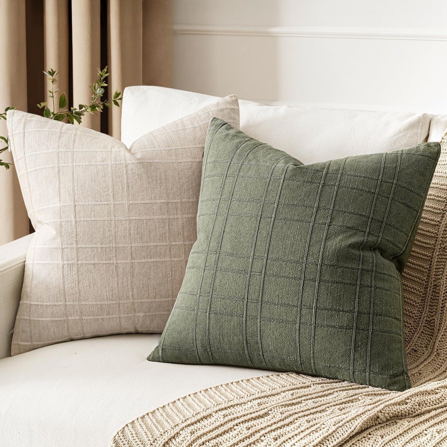 Decorative Linen Check Throw Pillow Covers Neutral Farmhouse / 18 x 18 / Olive Green / Set of 2
