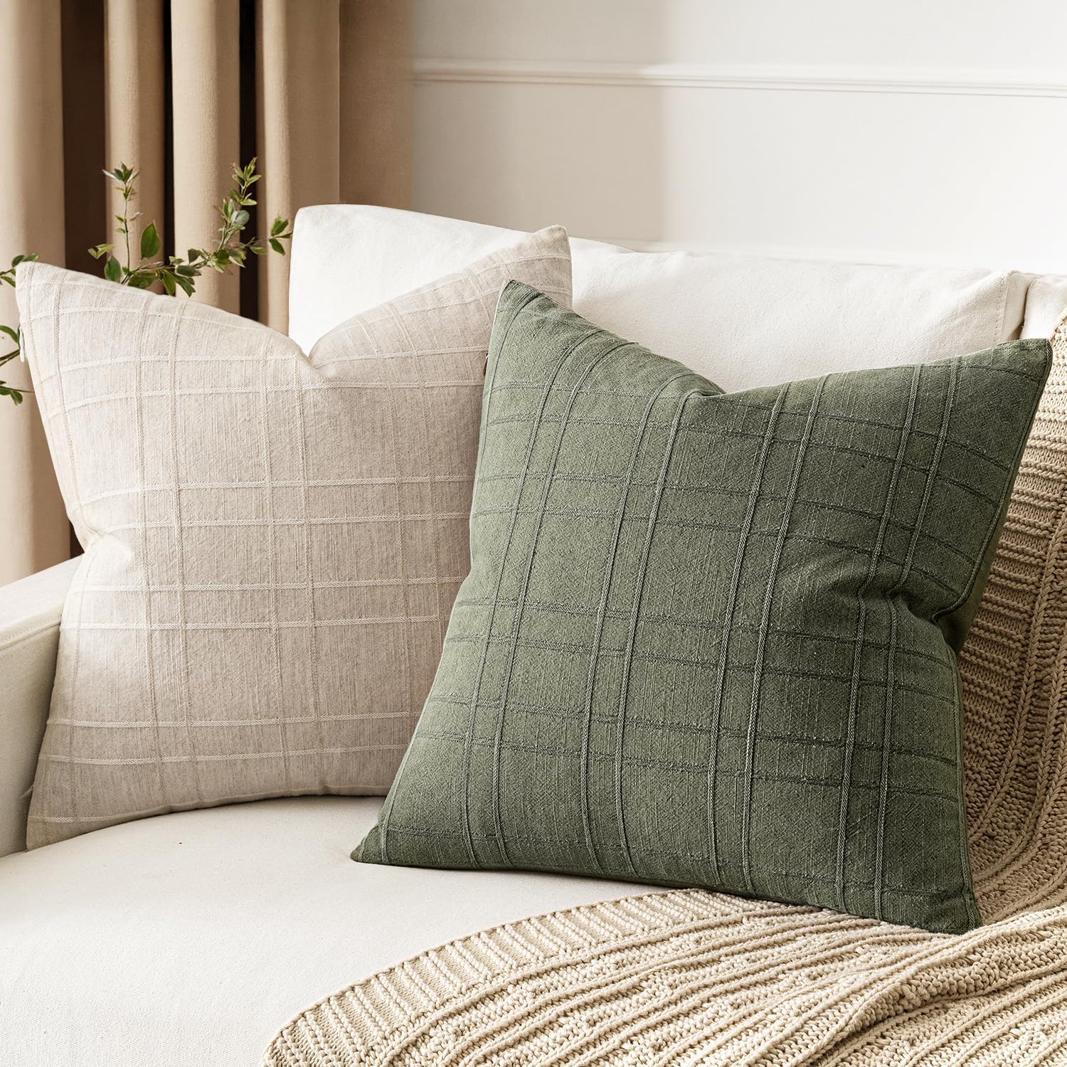 Decorative Linen Check Throw Pillow Covers Neutral Farmhouse / 18 x 18 / Olive Green / Set of 2