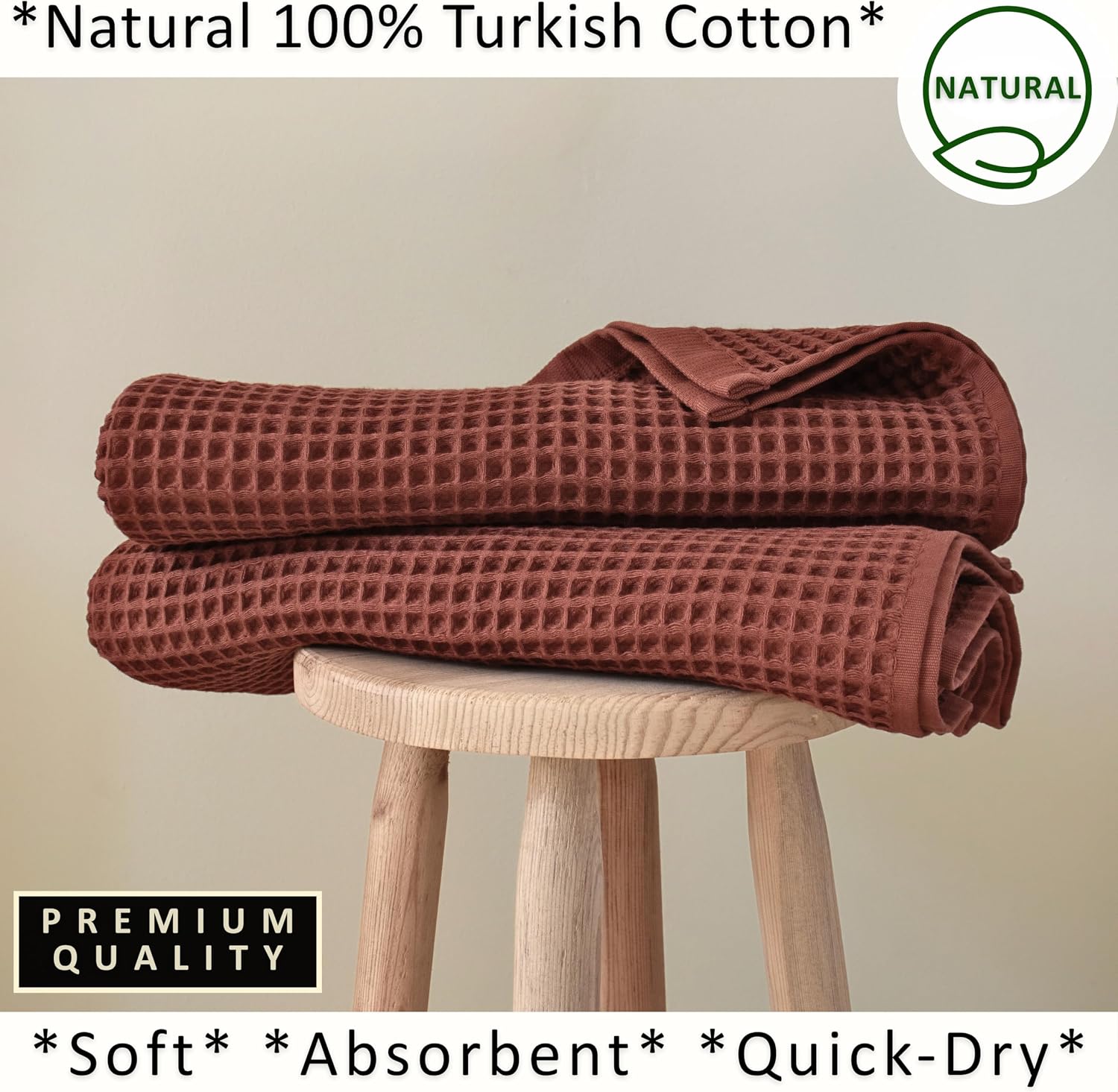 PÜSKÜL Natural 100% Turkish Cotton Waffle Bath Towels Set of 2, Extra-Large | Brick-Red, Oversize 32x63" Bath sheet