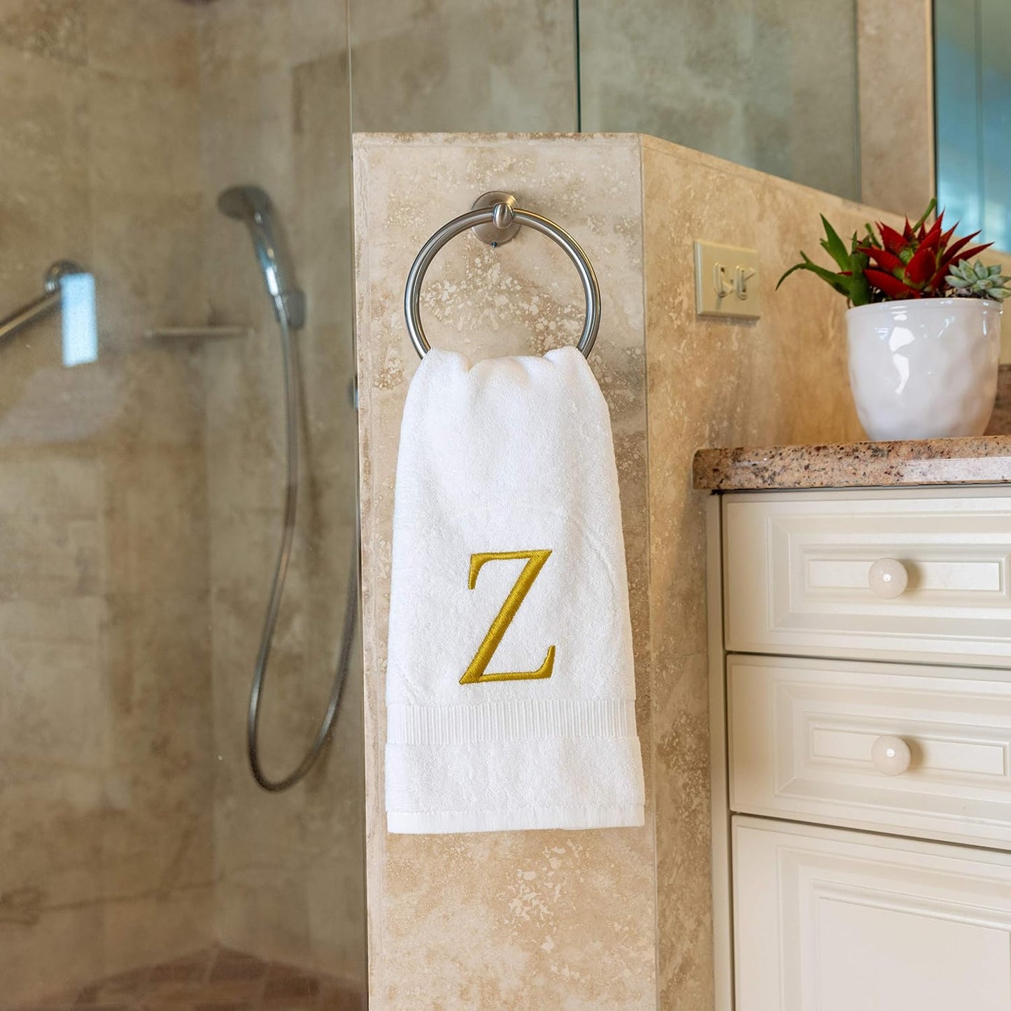 White with Gold Monogrammed Hand Towels for Bathroom - Set of 2 Letter Z | Luxury Hotel Quality Initial Towels For