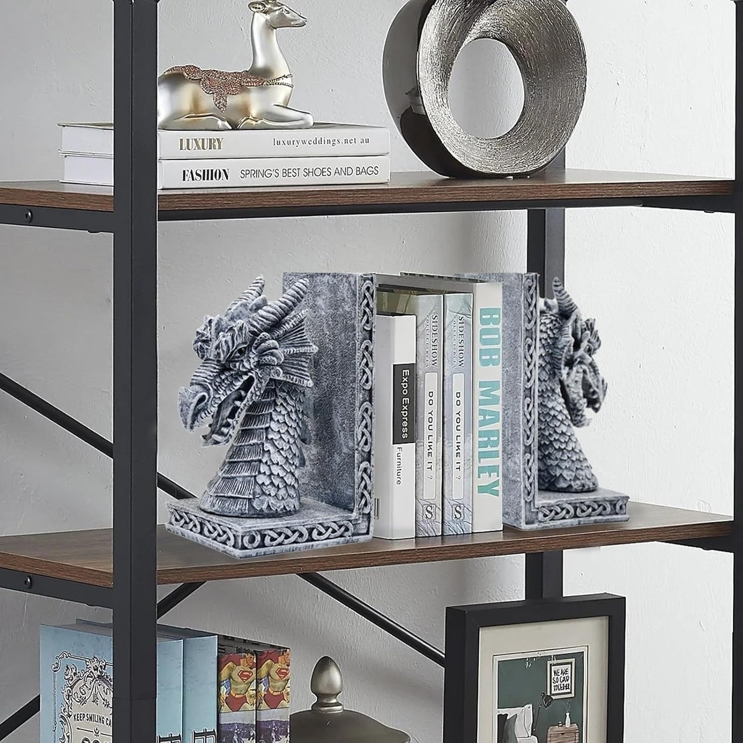 Dragon Bookends / Heavy Book Ends Book Supports / Gray / 4.15 x 3.25 x 7 / Set of 2
