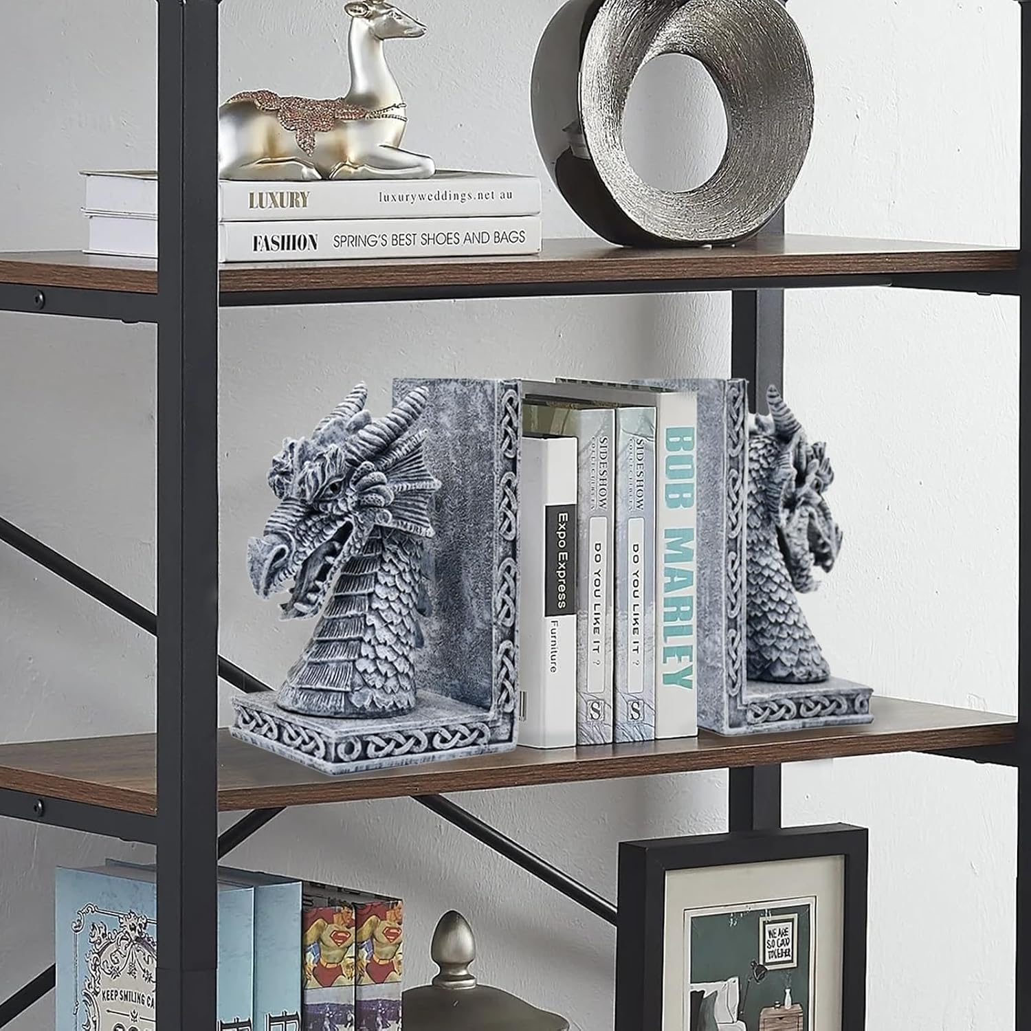 Dragon Bookends / Heavy Book Ends Book Supports / Gray / 4.15 x 3.25 x 7 / Set of 2