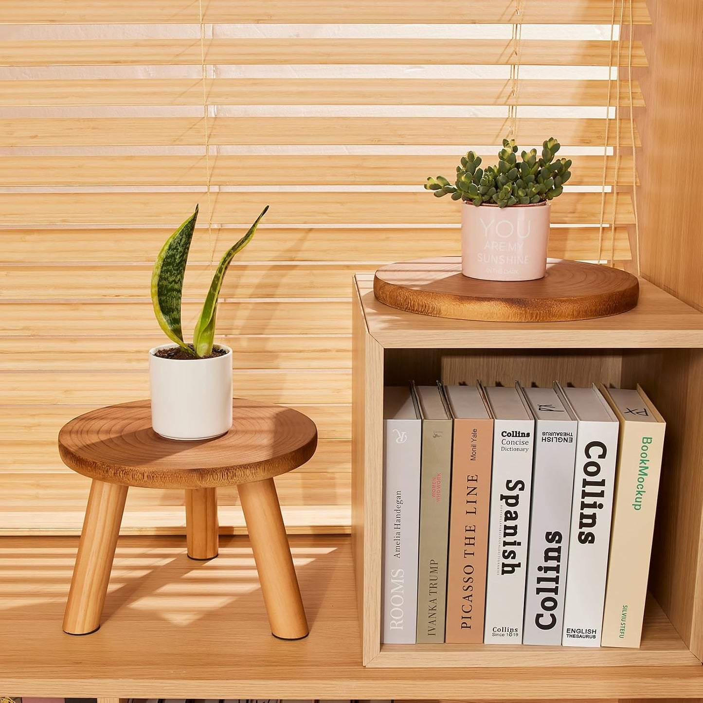 2 Pcs Plant Stand Indoor,11-12" Wood Plant Stand Holder with Growth Ring | Solid Wood Mid Century Modern Round Plant