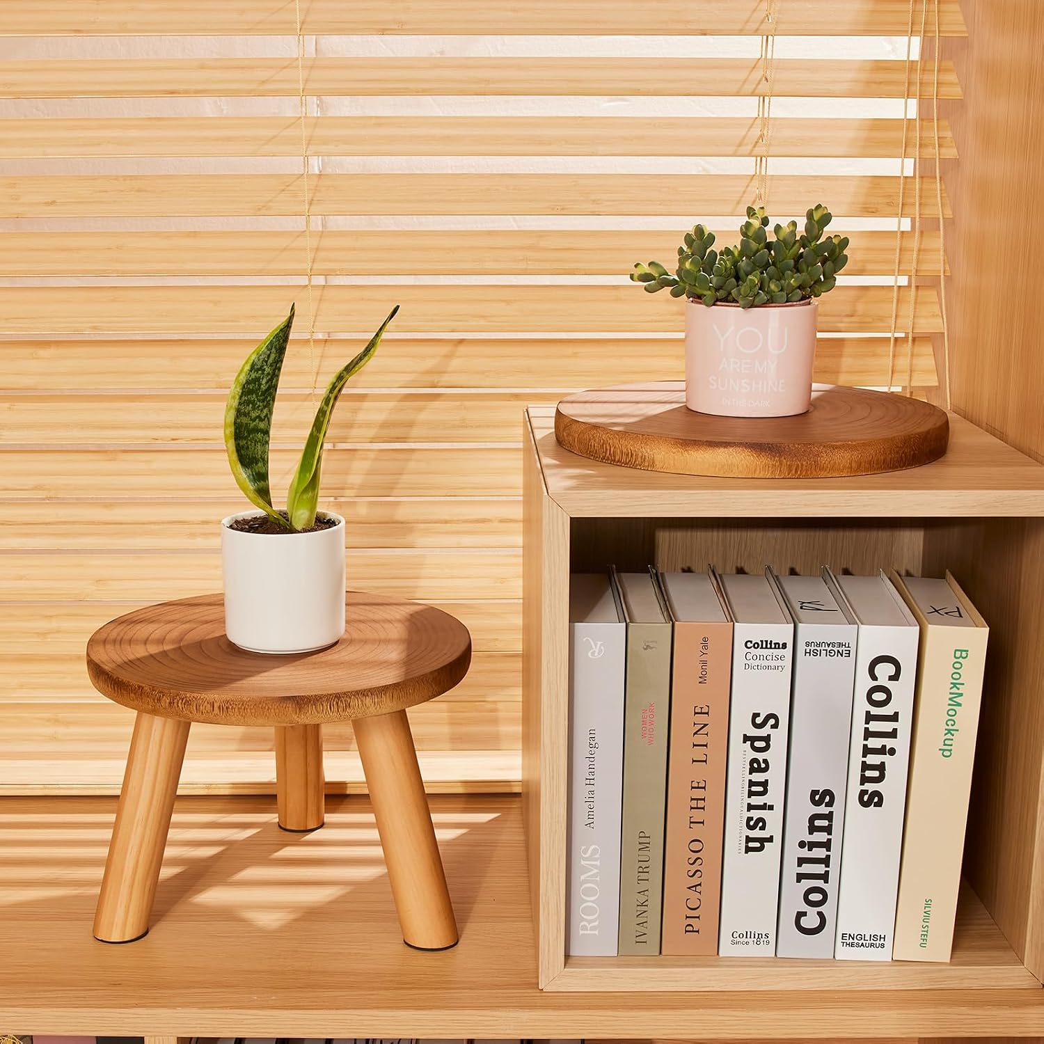 2 Pcs Plant Stand Indoor,11-12" Wood Plant Stand Holder with Growth Ring | Solid Wood Mid Century Modern Round Plant