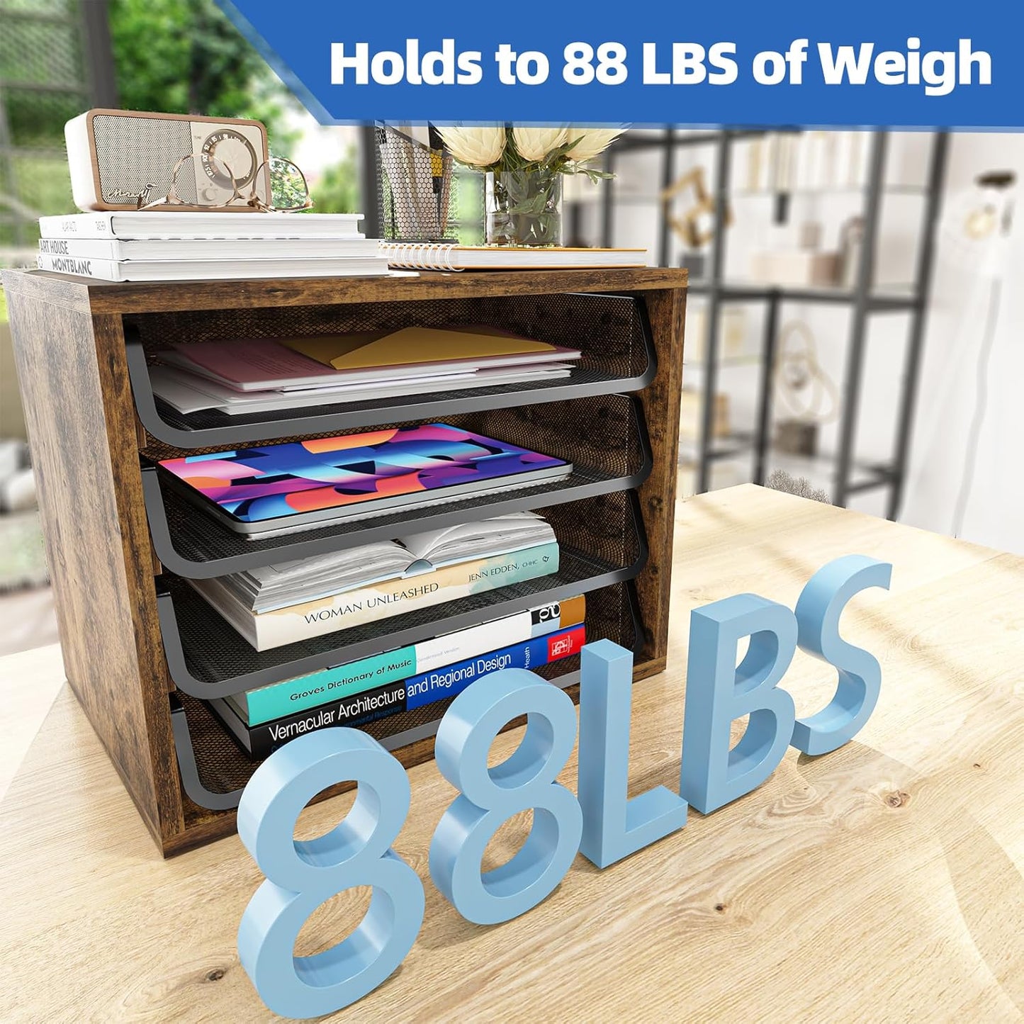 Simple Trending 4-Tier Desk File Organizer, Paper Organizer, Rustic Brown | Adjustable Letter Trays, Wood Desktop File