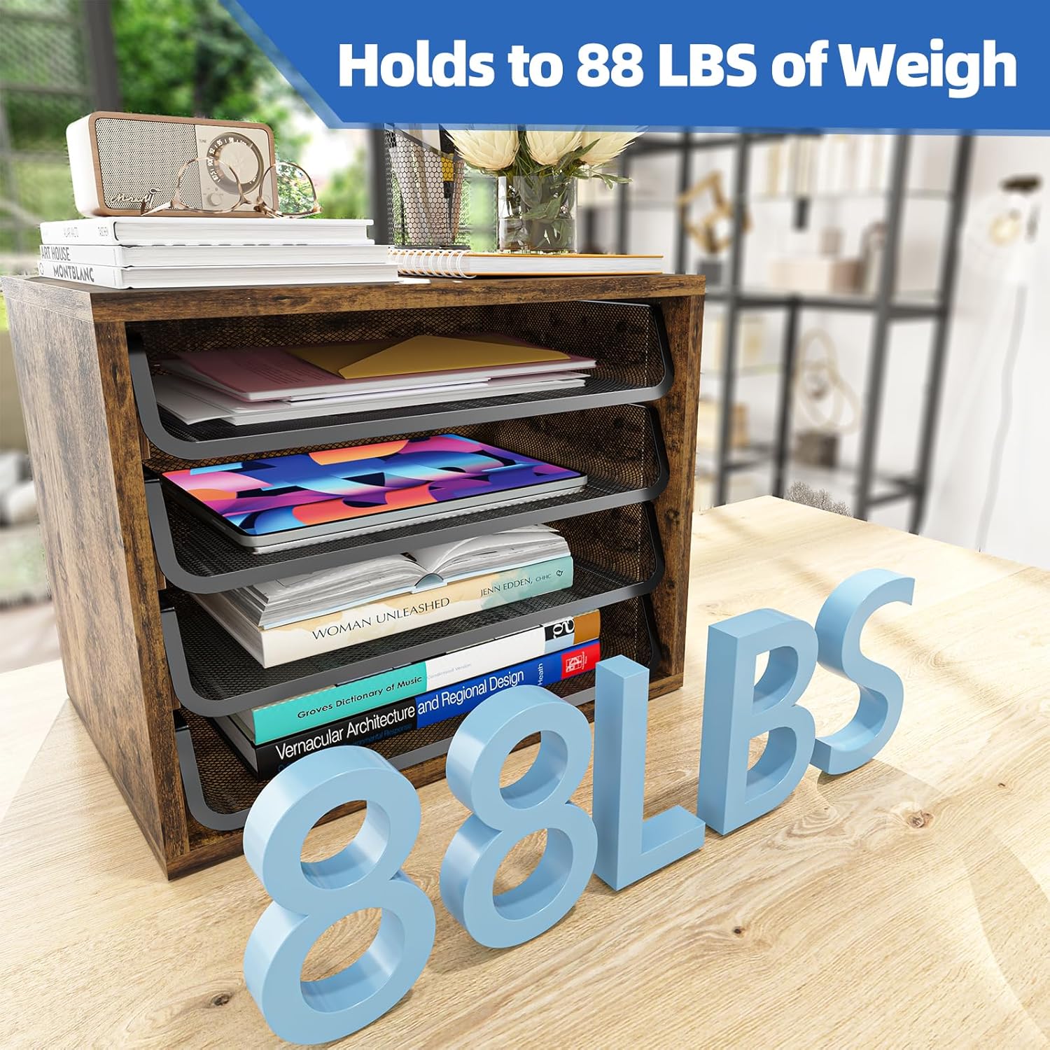 Simple Trending 4-Tier Desk File Organizer, Paper Organizer, Rustic Brown | Adjustable Letter Trays, Wood Desktop File