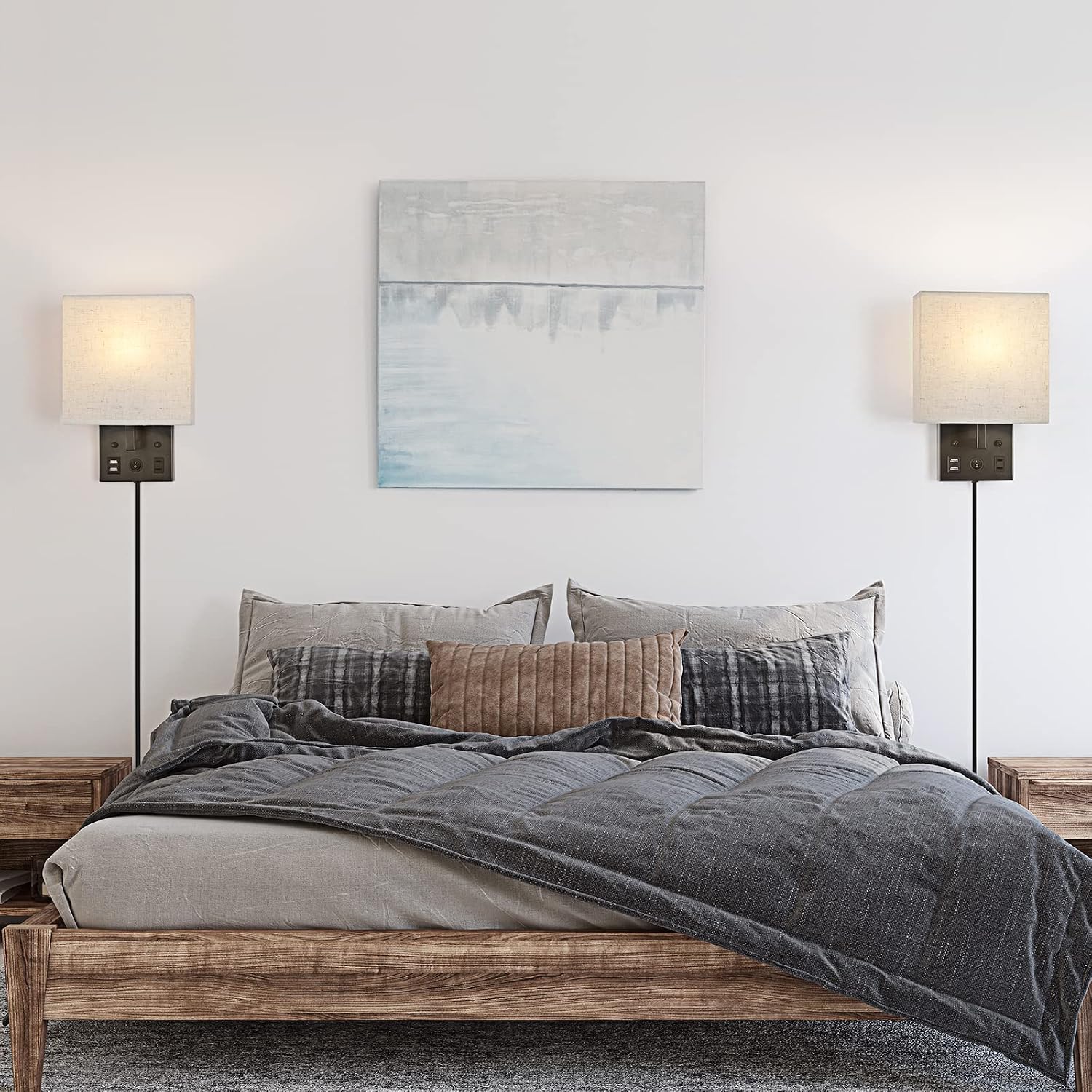 YBING Bedside Wall Lamp Set of 2, Modern Wall Sconces with Plug in Cord Nightstand Wall Lamps with Dual USB and AC
