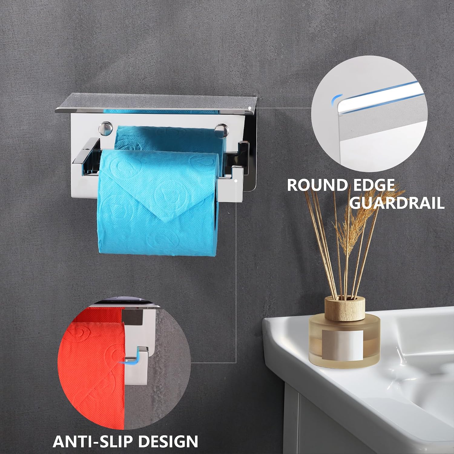 LANC Chrome Toilet Paper Holder with Shelf, Toilet Paper Roll Holder with Shelf for Bathroom Washroom Wall Mounted, 304