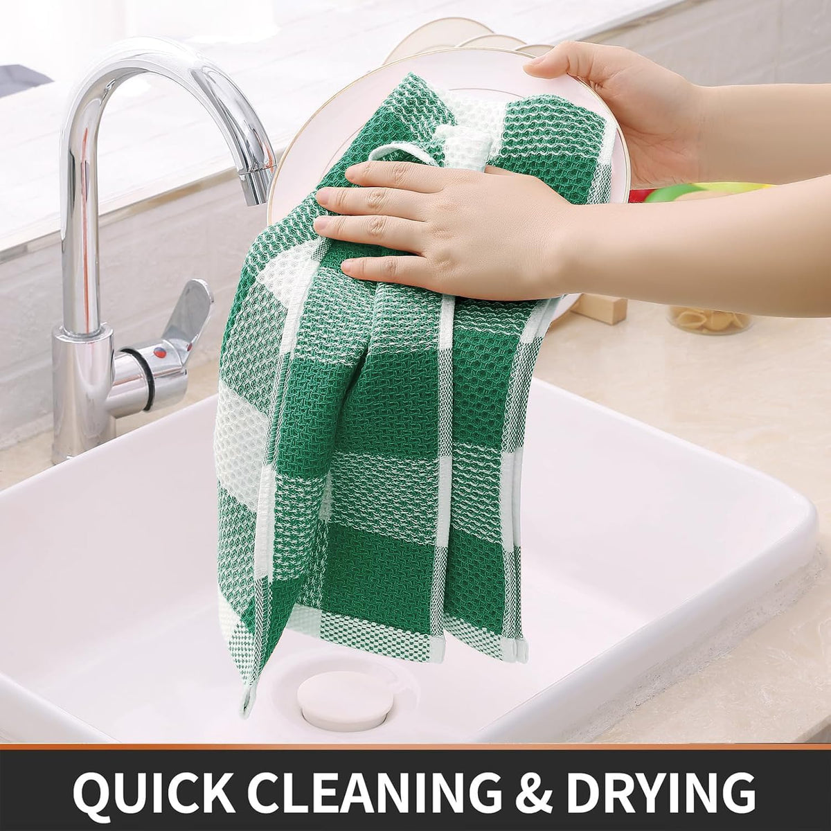 Homaxy Kitchen Towels and Dishcloths Set, Set of 12, White & Dark Green | Bulk Cotton Waffle Weave Check Plaid Kitchen