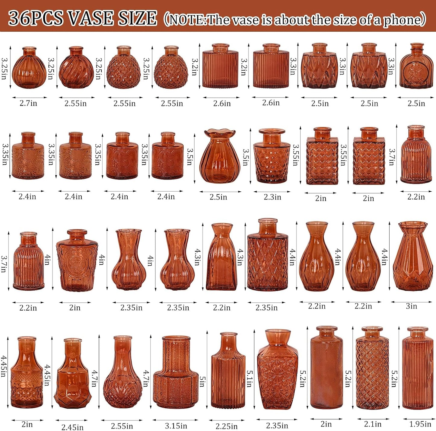 Bud Vases Set Small Vintage Glass Bottles Bud Vases in Bulk Multiple Shape / Dark Amber / Set of 36