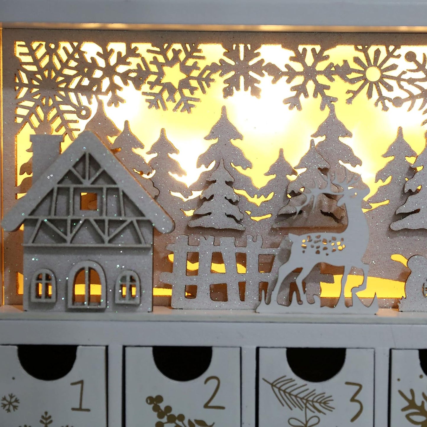 Christmas Wooden Advent Calendar Book with LEDs White & Gold Christmas Reindeer Countdown Holiday Gifts with 24 Drawers