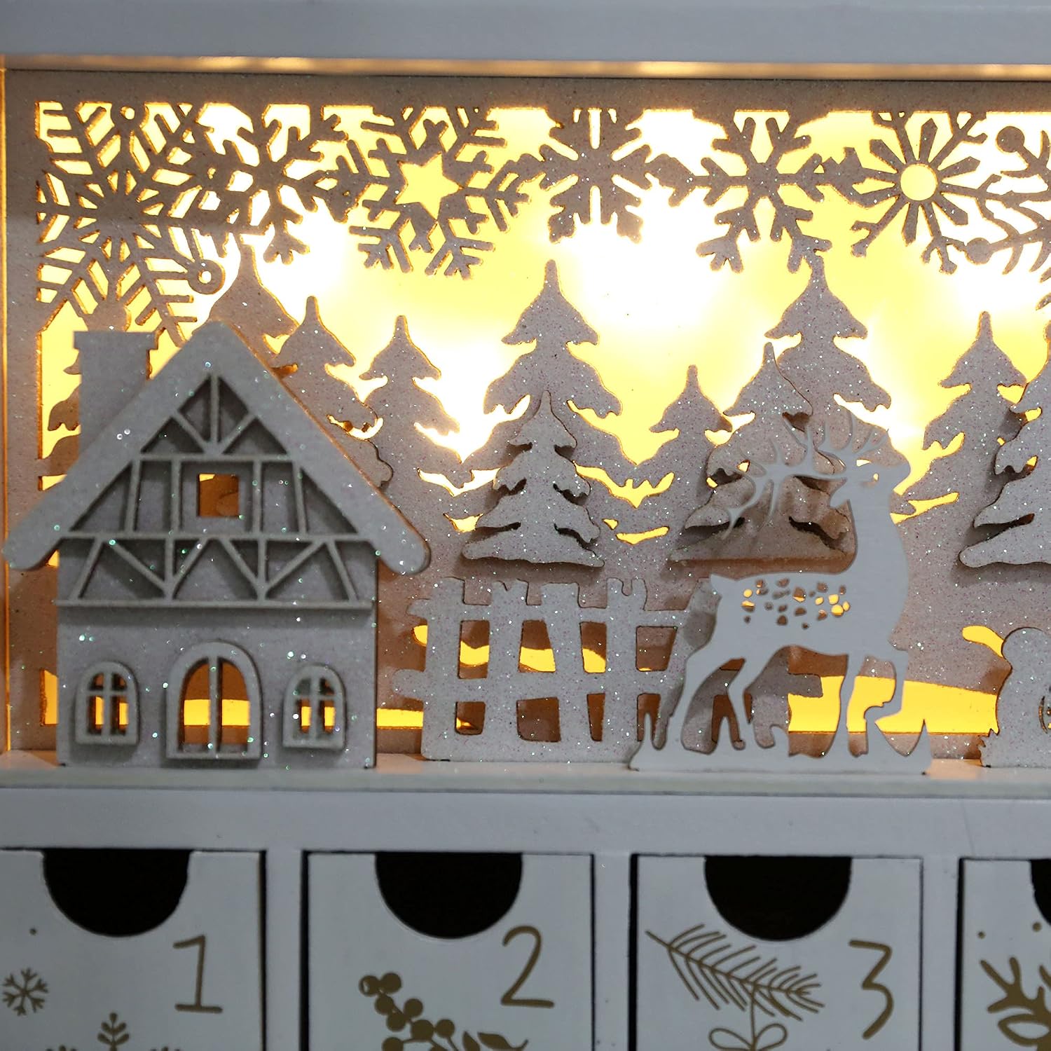Christmas Wooden Advent Calendar Book with LEDs White & Gold Christmas Reindeer Countdown Holiday Gifts with 24 Drawers