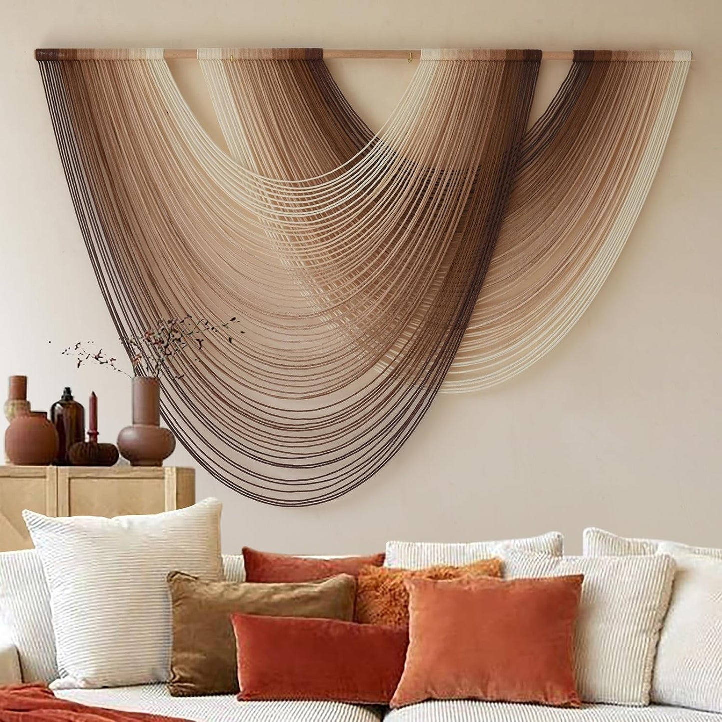 Macrame Wall Hanging Dip-Dye Boho Home Decor Fiber Wall Art Craftsmanship Bedroom / Ivory Brown