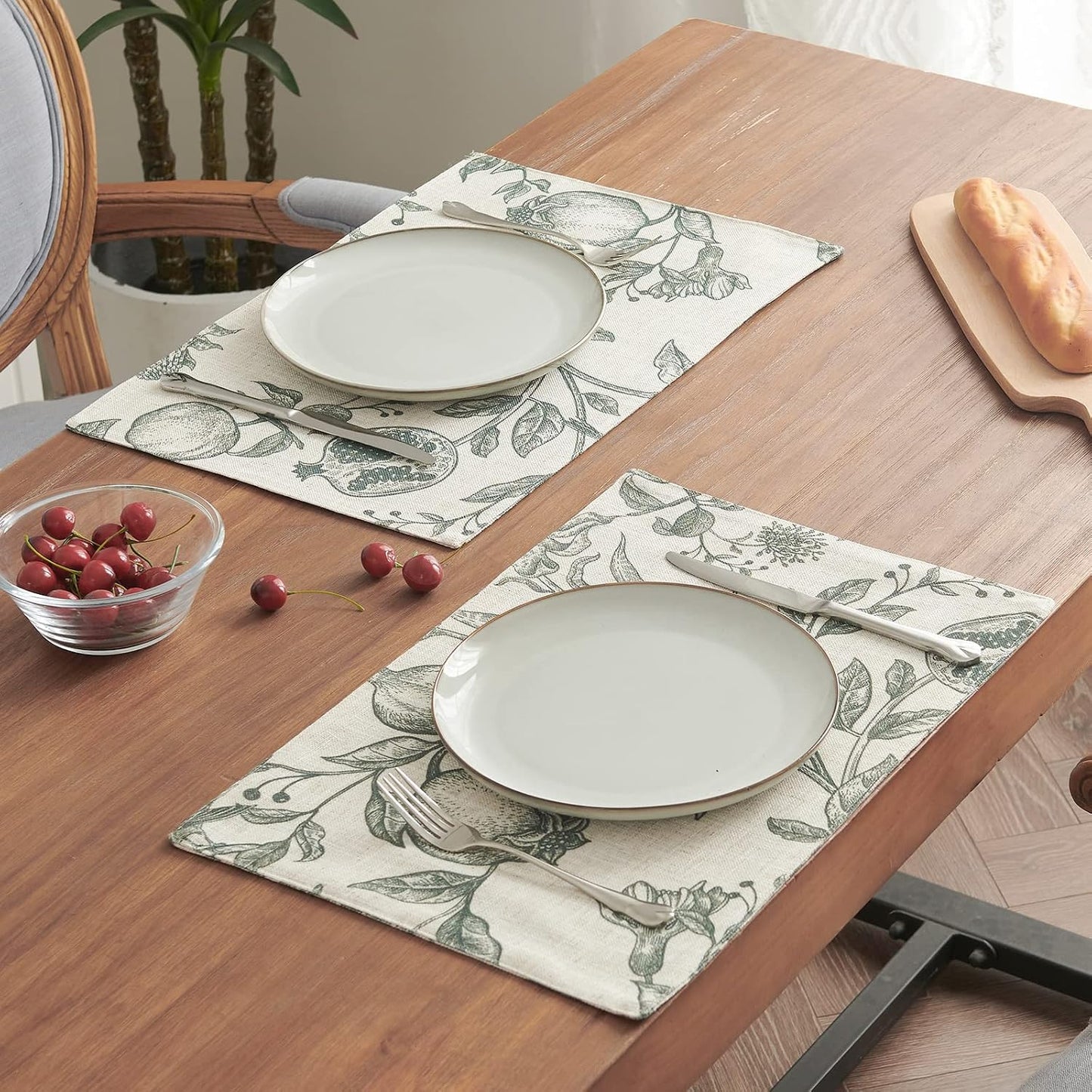 JINCHAN Linen Placemats Set of 4 Farmhouse Botanical Print 13x19 Dark Green | Fabric Placemats, Cottage Style