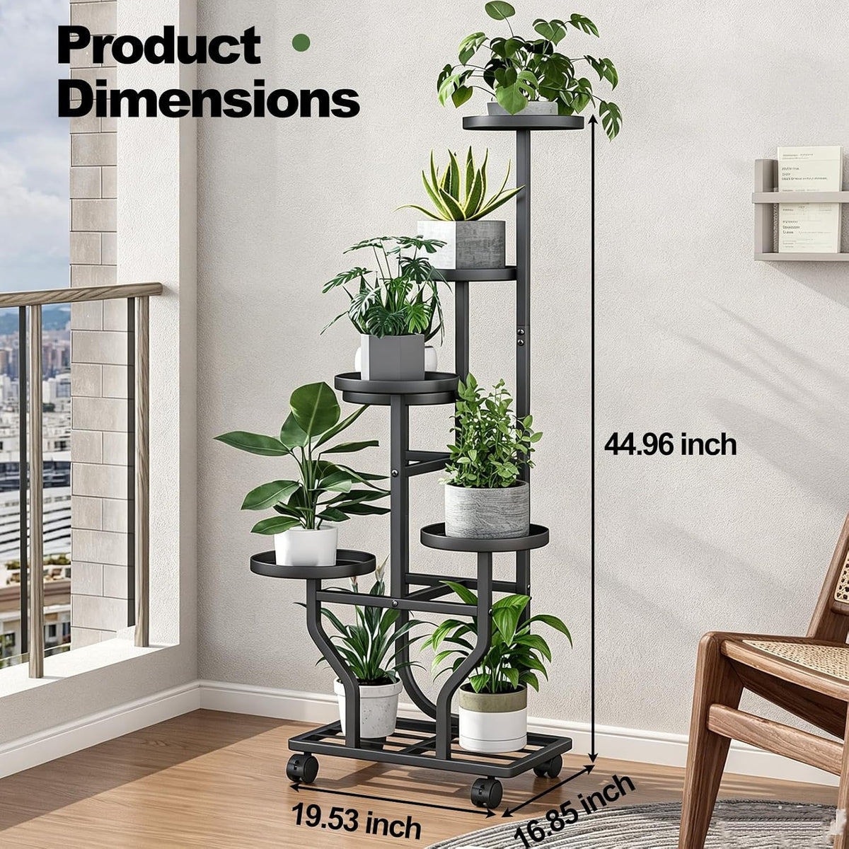 Plant Stand with Wheels, Black 6 Tier Metal Plant Shelf for Indoor Outdoor | Corner Plants Stand Indoor for Bedroom