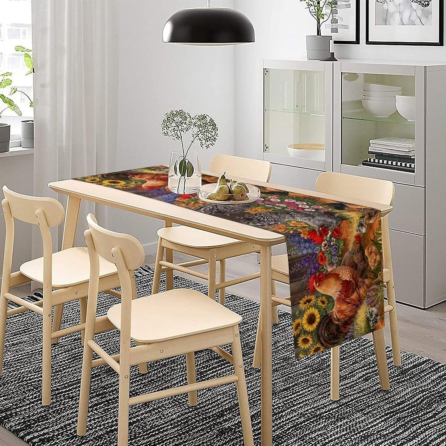 Rooster Table Runner Farm Watercolor Painting Sunflower and Chicken Pattern Printed Linen Table Runner for Home Kitchen