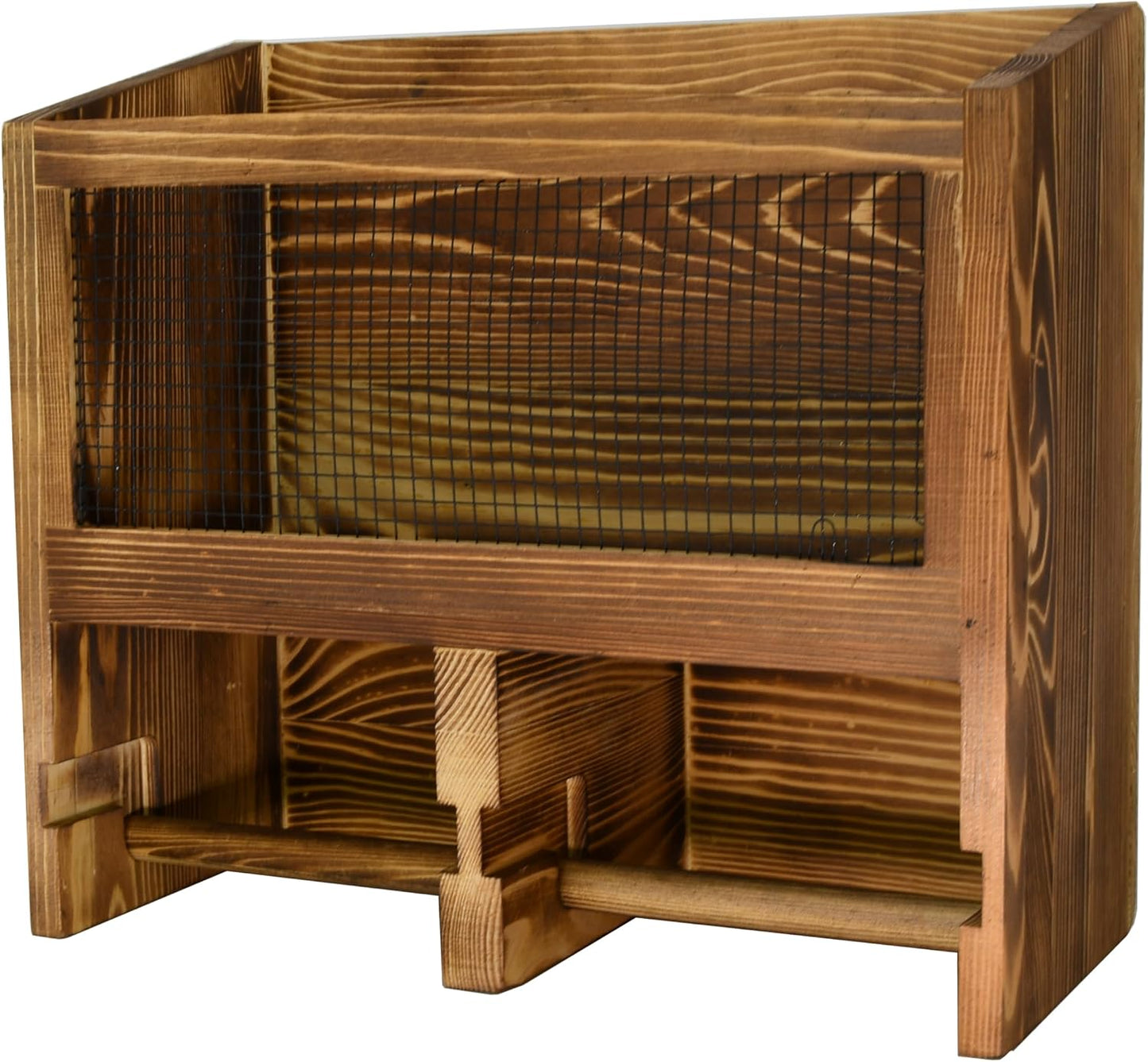 Owlgift Vintage Rustic Burnt Solid Wood & Metal Mesh Wall Mounted Dual Toilet Paper Roll Dispenser & Magazine Holder