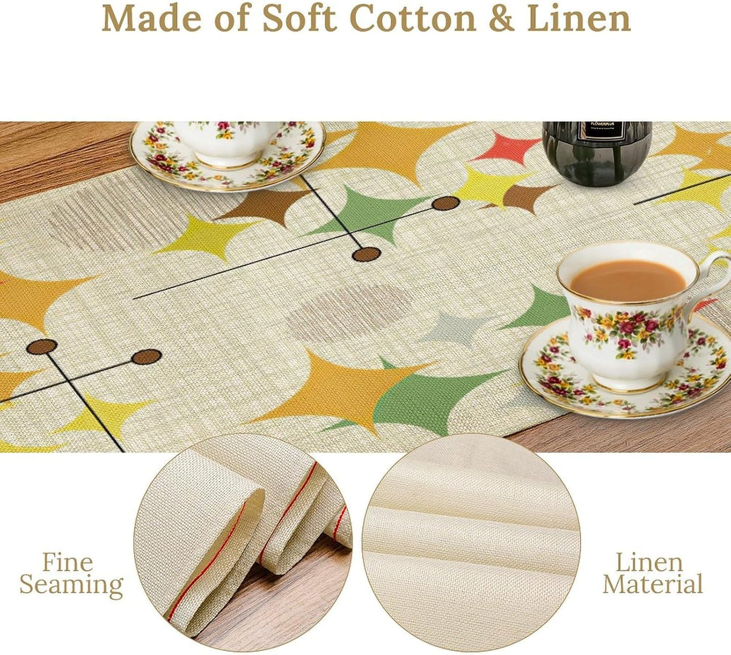 Mid Century Kitchen Table Runner,Abstract Aesthetic Geometric Mid Century Retro Modern Patterns Printed Linen Table