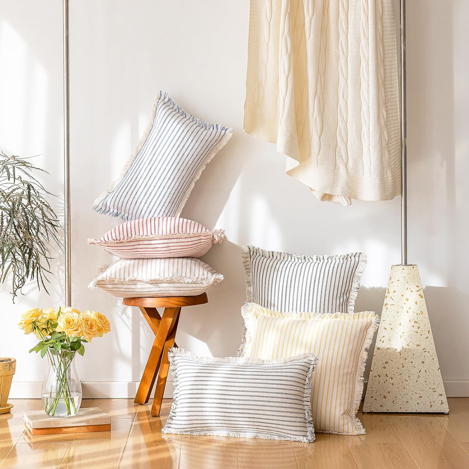 Throw Pillow Covers Striped Fringe Pillow Cover Farmhouse Cushion Covers / Red / 20 x 20 / Set of 2