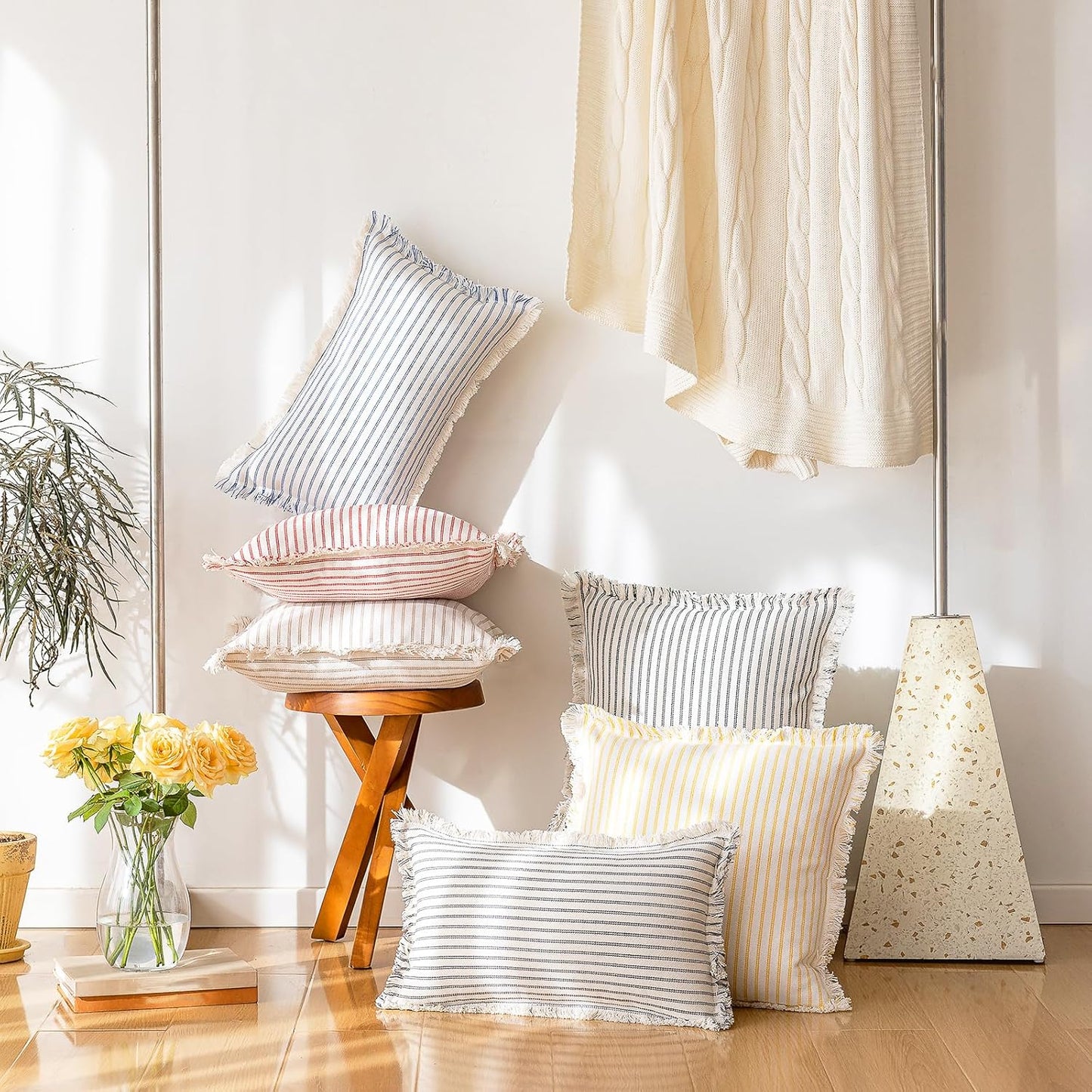 Throw Pillow Covers Striped Fringe Pillow Cover Farmhouse Cushion / Yellow / 18 x 18 / Set of 2