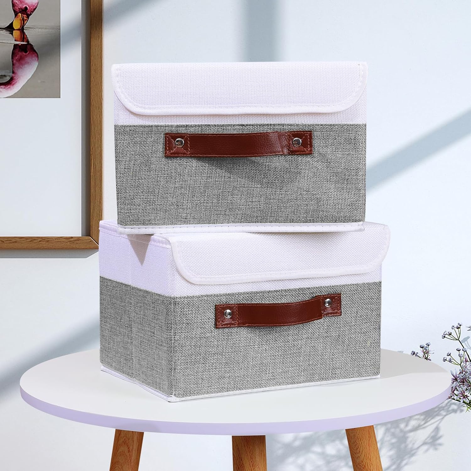 Storage Boxes / Lid Washable Decorative Storage Bins Basket / Small / Gray White / Set of 2