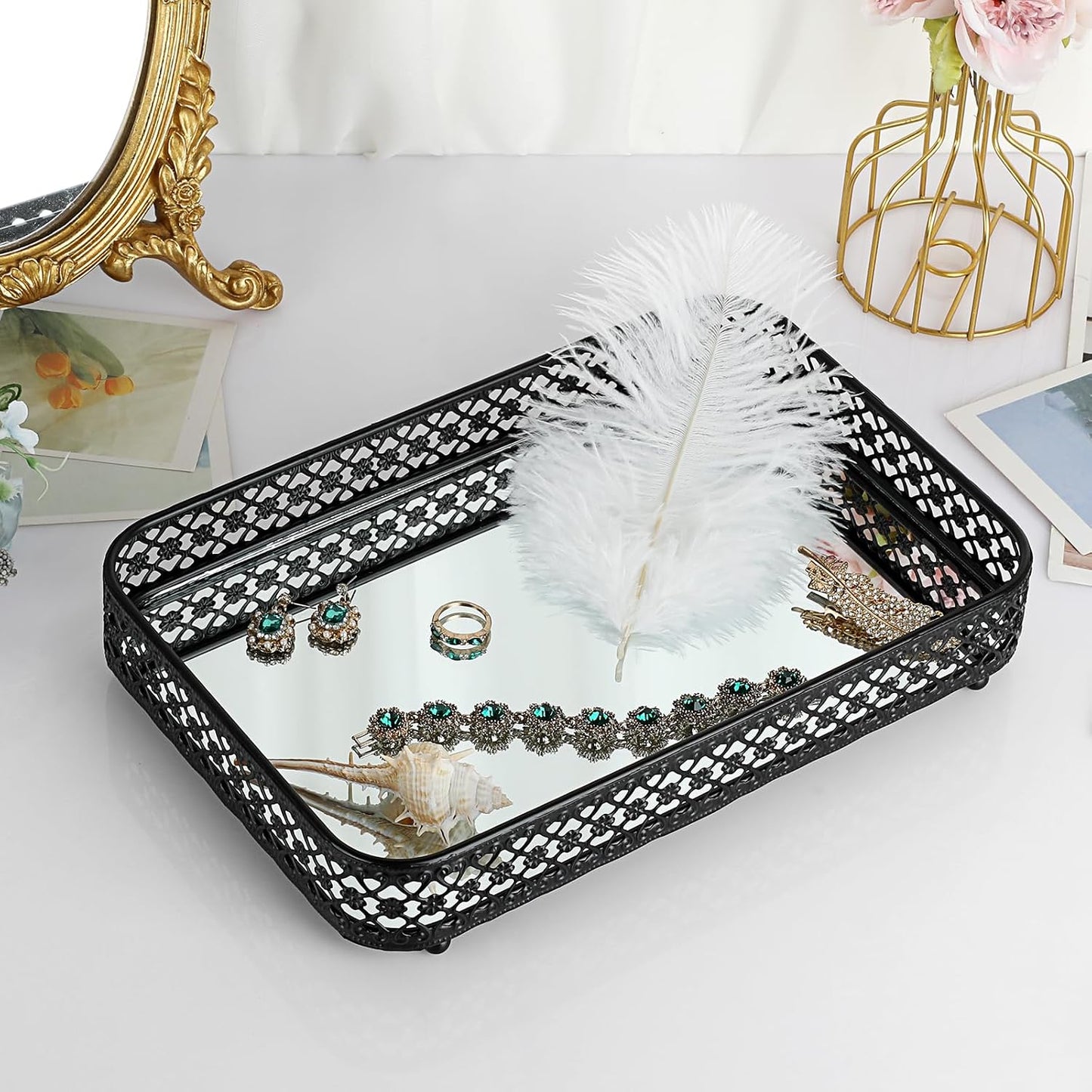 Glass & Metal Trinket Organizer for Dresser / Black / 11.8 x 7.9 x 2