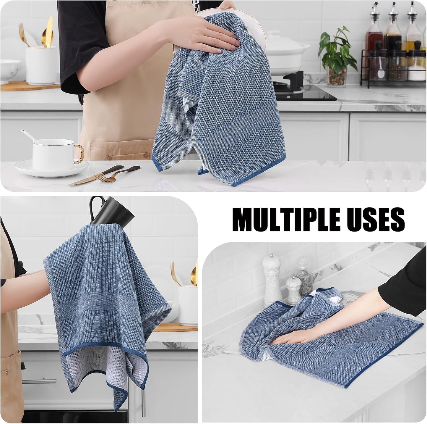 Homaxy 380 GSM Cotton Premium Kitchen Towels 8 Pack, 18"x 28", Navy Blue | Flat and Terry Dish Towels, Highly Absorbent