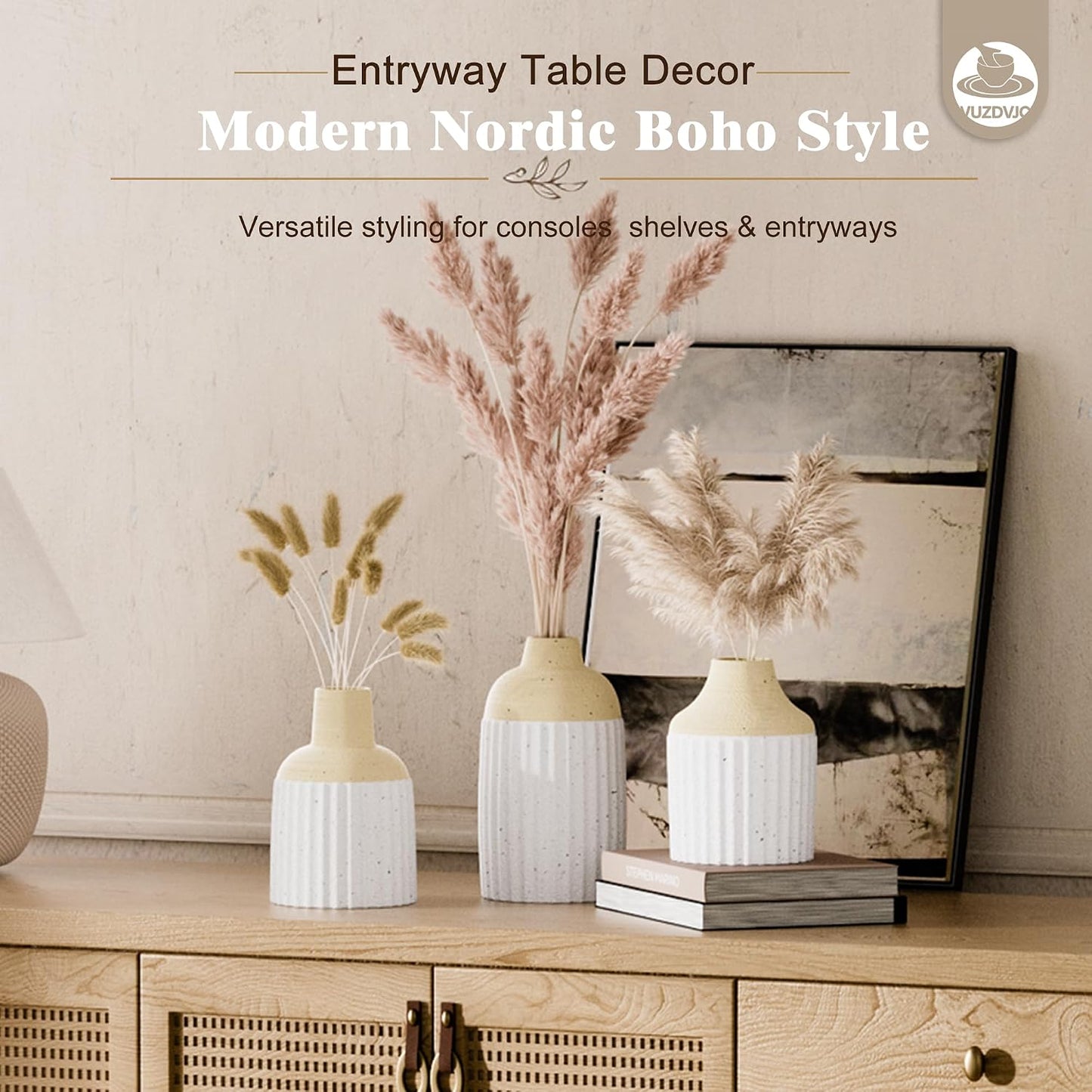 Modern Boho Style Ribbed Ceramic Bud Vases for Flowers / Beige White / Set of 3