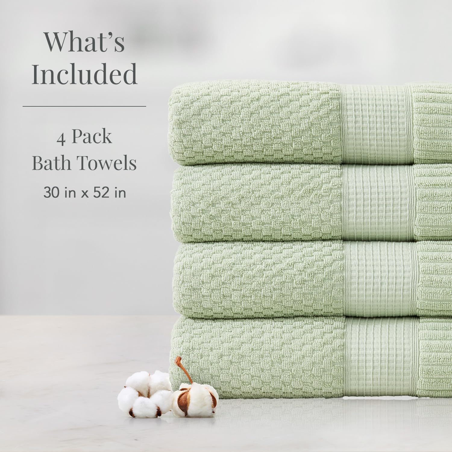 NY Loft 100% Cotton 4-Pack Bath Towel Set | Sage | Oeko-TEX | Quick-Dry | Four 30" x 52" Bath Towels | Super Absorbent