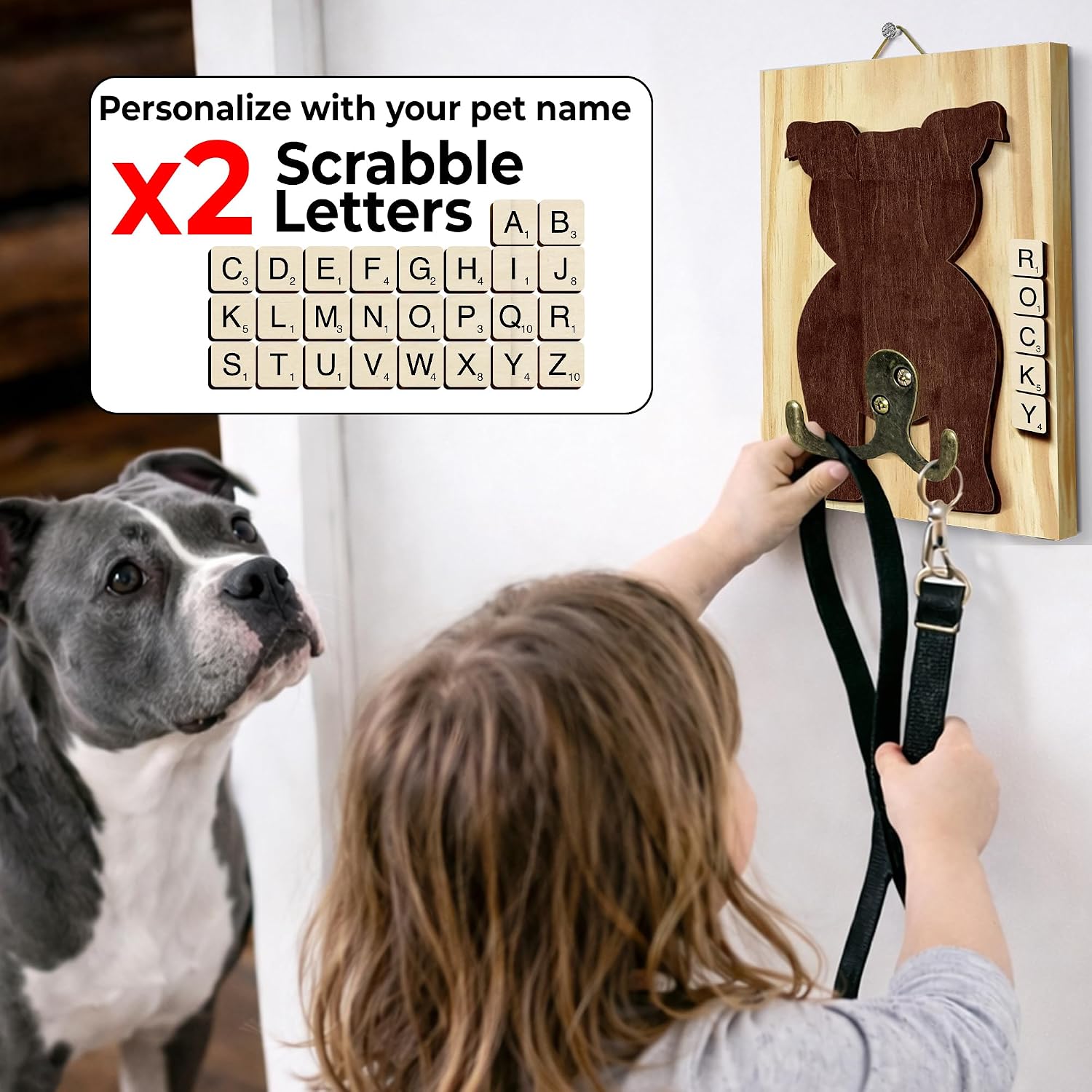 Wooden Dog Wall Hook Organizer / 7.8 x 5.5 / Pitbull