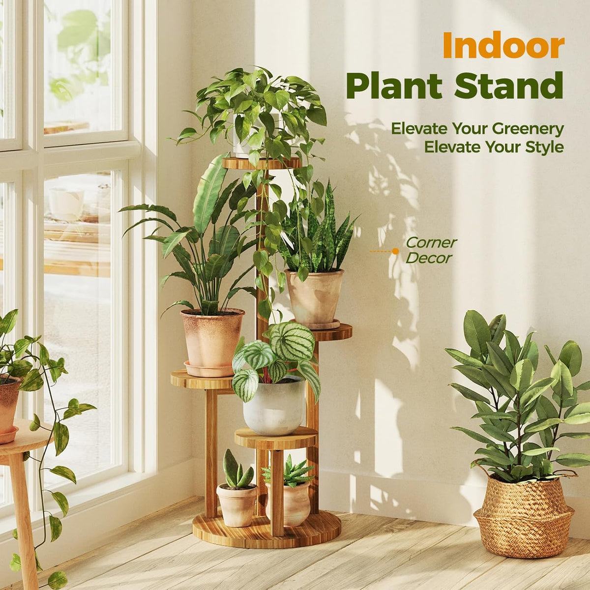 Bamworld Plant Stand Indoor Wood Plant Shelf 4 Tier Brown | plant holders for Multiple Plants Tall Corner Plant Stands