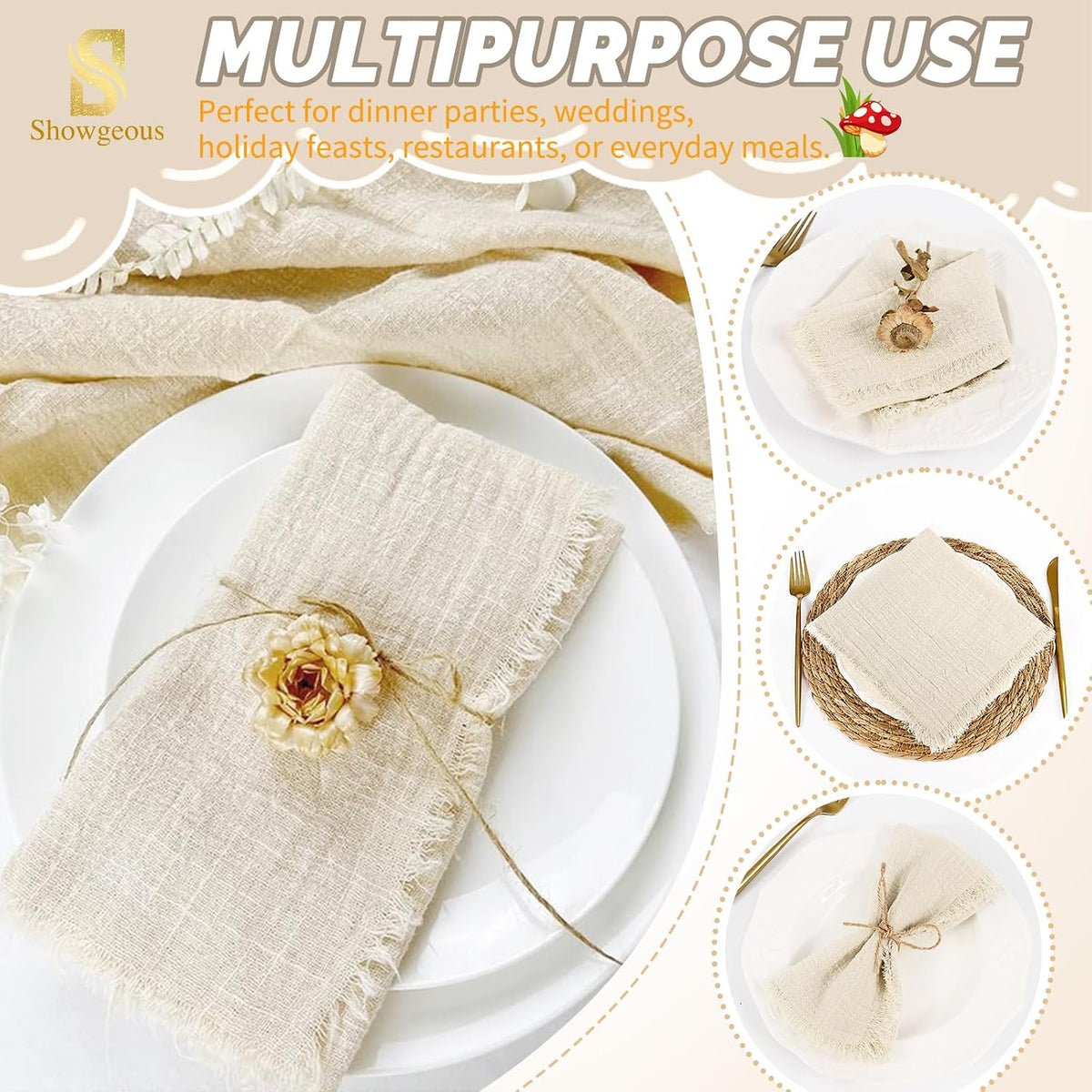 Showgeous 60 Pack Natural Cloth Napkins with Fringe, 16x16 inch 100% Cotton | Cloth Napkins Handmade Dinner Napkins