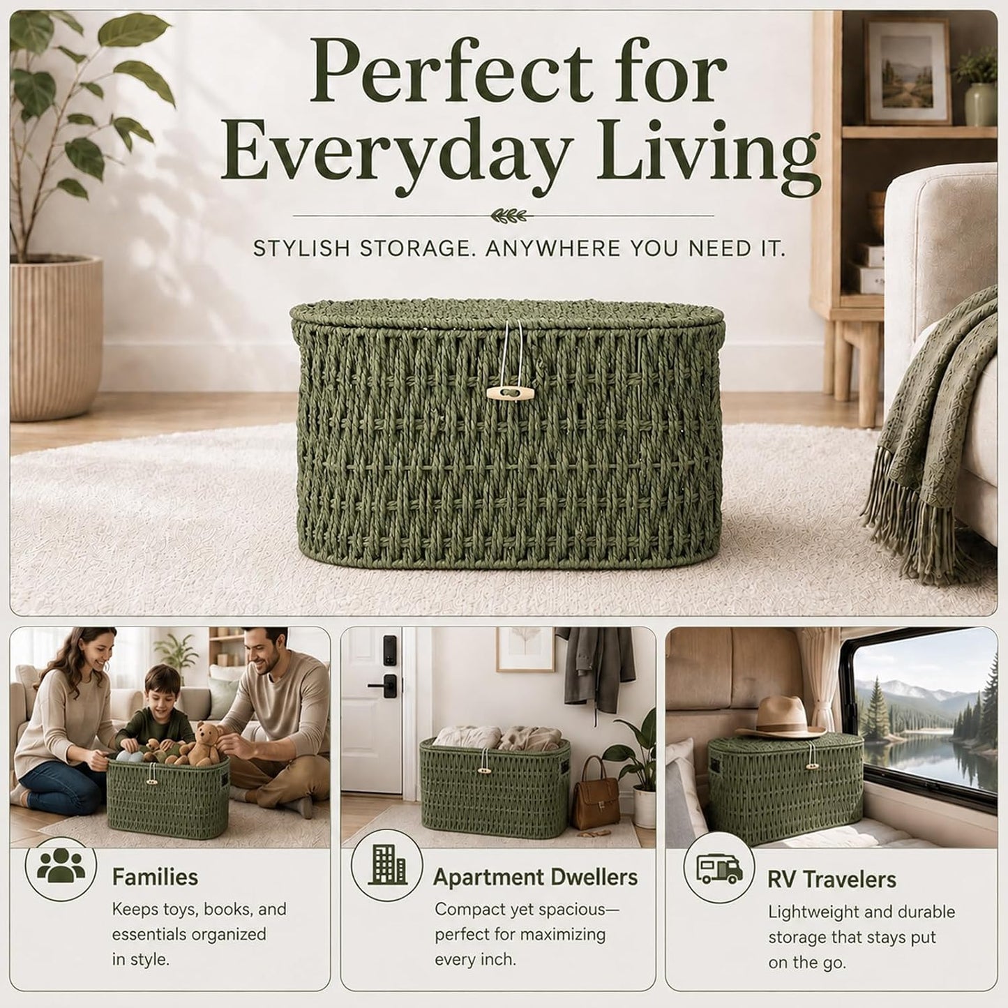 Lid and Built-in Handles Woven Bathroom Basket Toilet Paper / Sage Green / Modern / Wicker