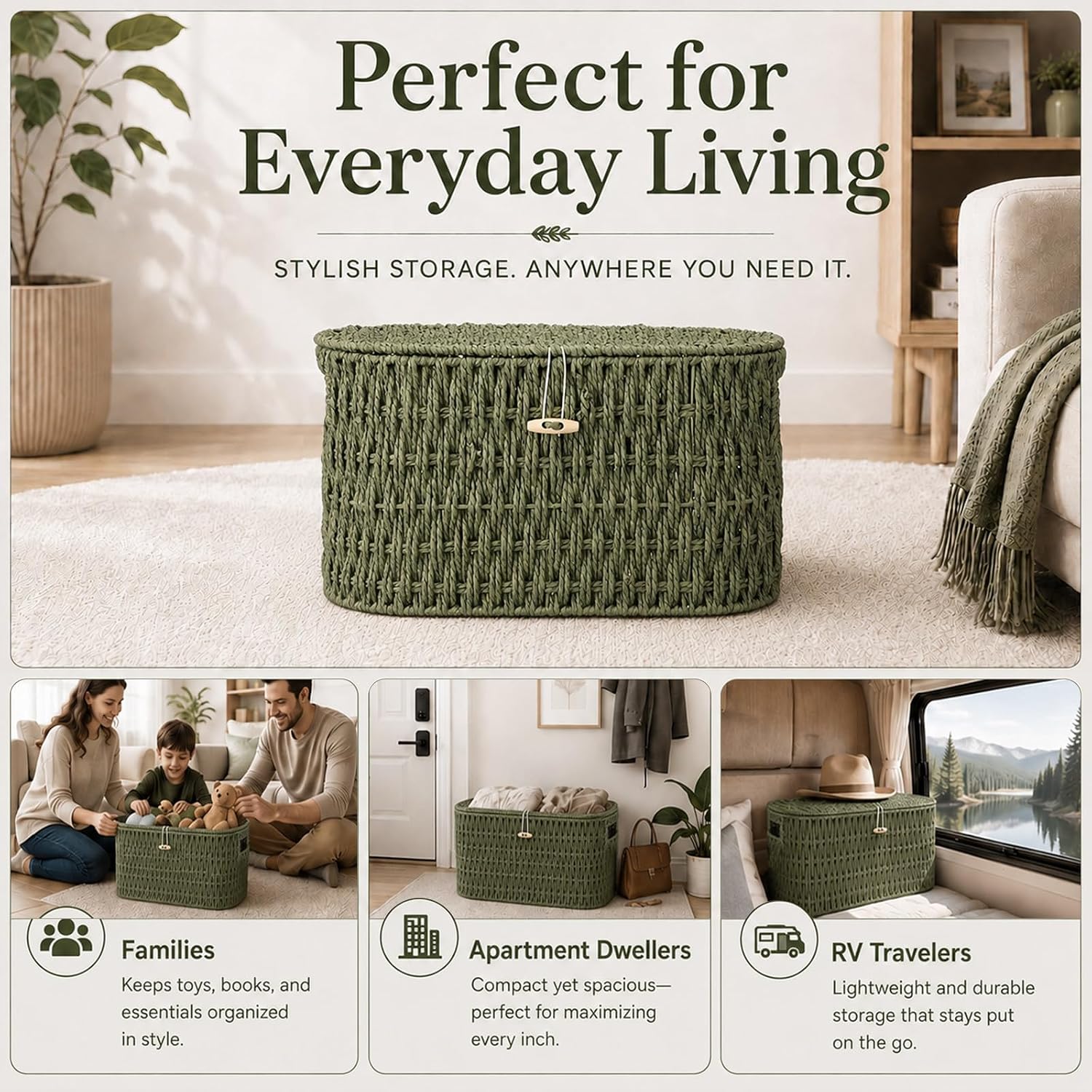 Lid and Built-in Handles Woven Bathroom Basket Toilet Paper / Sage Green / Modern / Wicker