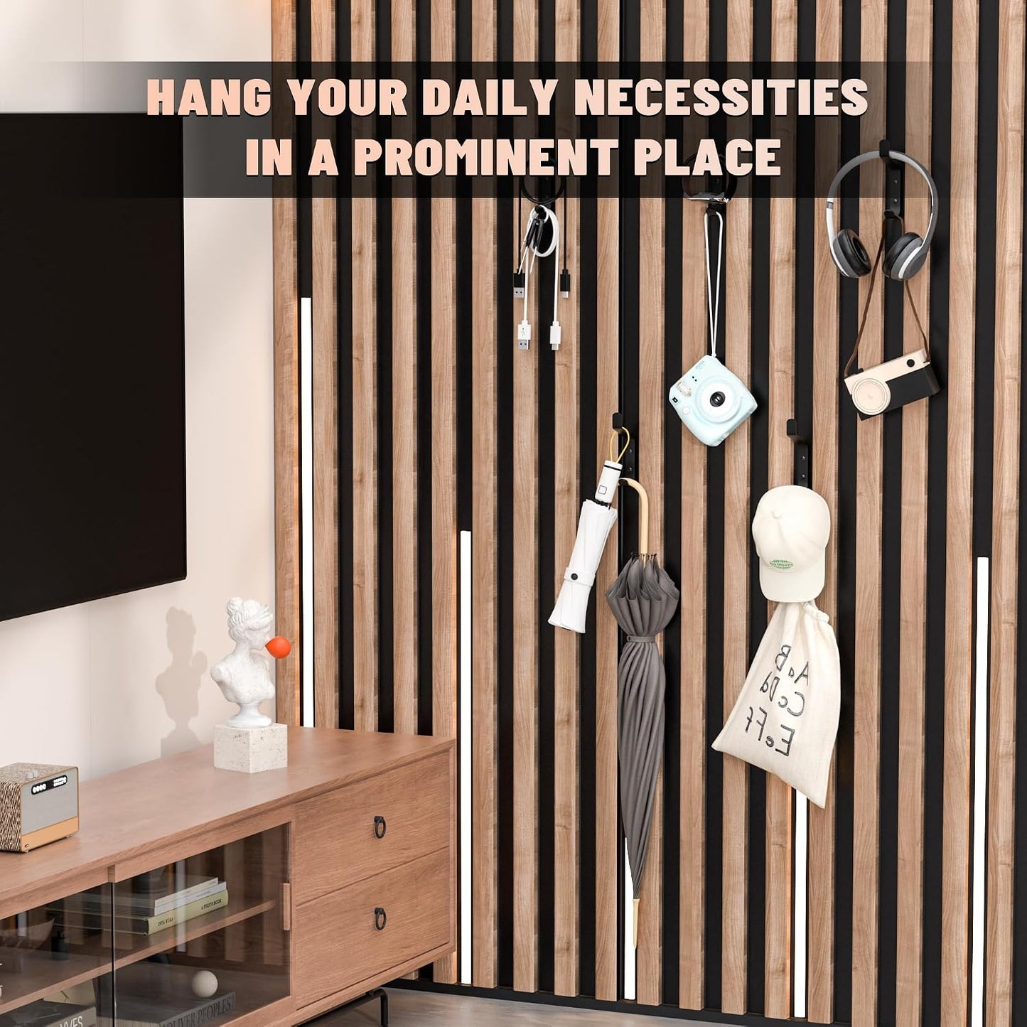 Decorative Wall Hooks Screw in Sound Panel and Wood Slats / Black / 0.5 Inch / Set of 10